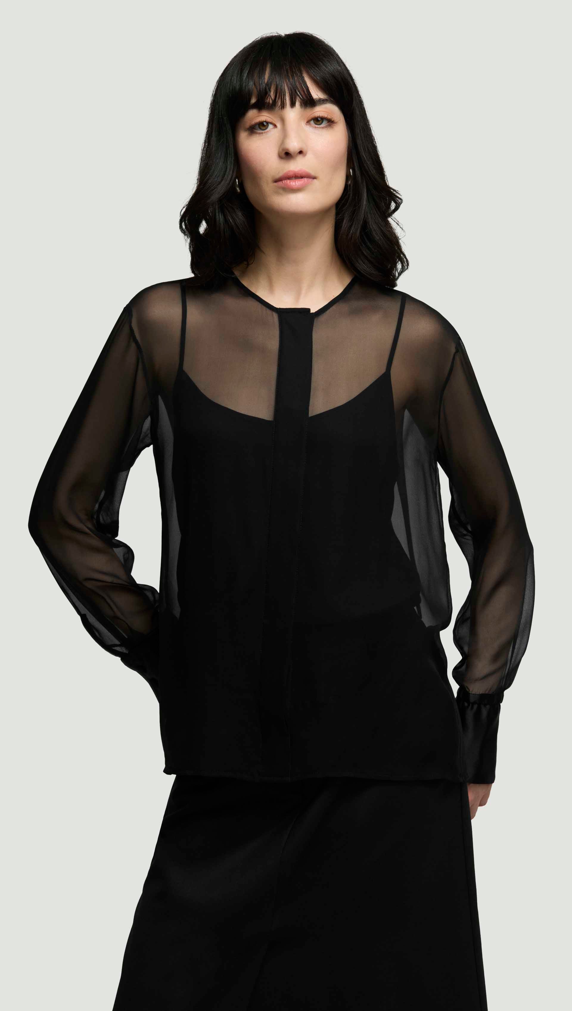 Collarless Blouse in Silk Chiffon | Women's Tops Collarless Blouse in Silk Chiffon | Women's Tops
