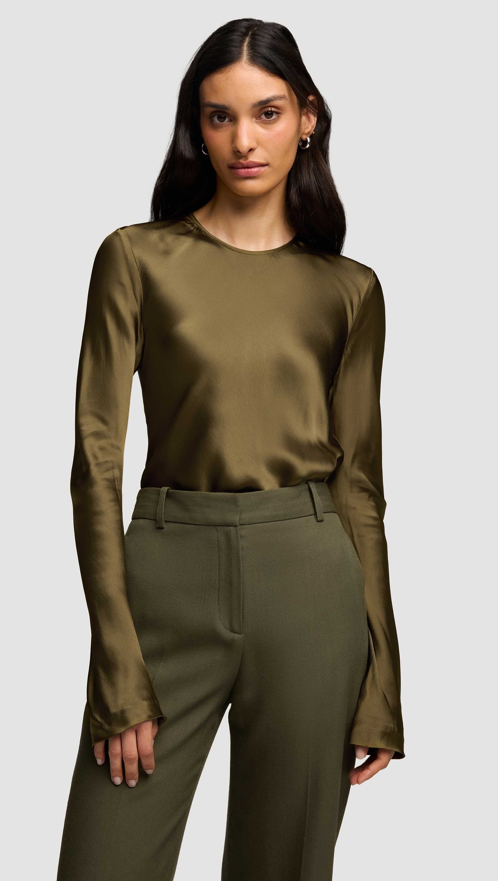 Argent Longsleeve Bias Top in Viscose Satin | Olive | Women's Tops | Size XL Argent Longsleeve Bias Top in Viscose Satin | Olive | Women's Tops | Size XL