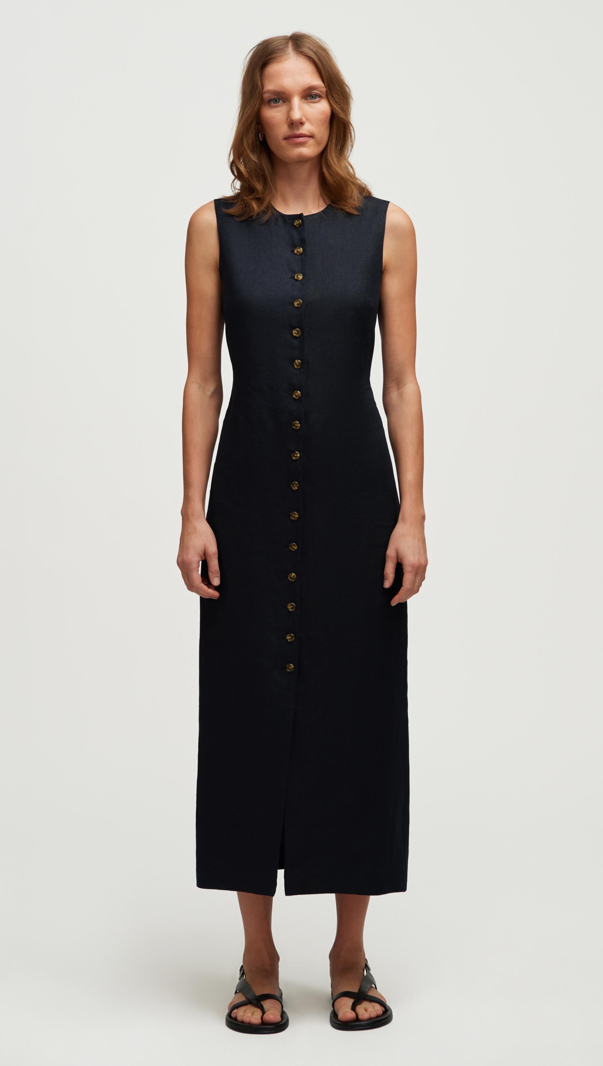 Argent Button Dress in Basket Weave Linen | Midnight | Women's Dresses | Size 2 Argent Button Dress in Basket Weave Linen | Midnight | Women's Dresses | Size 2