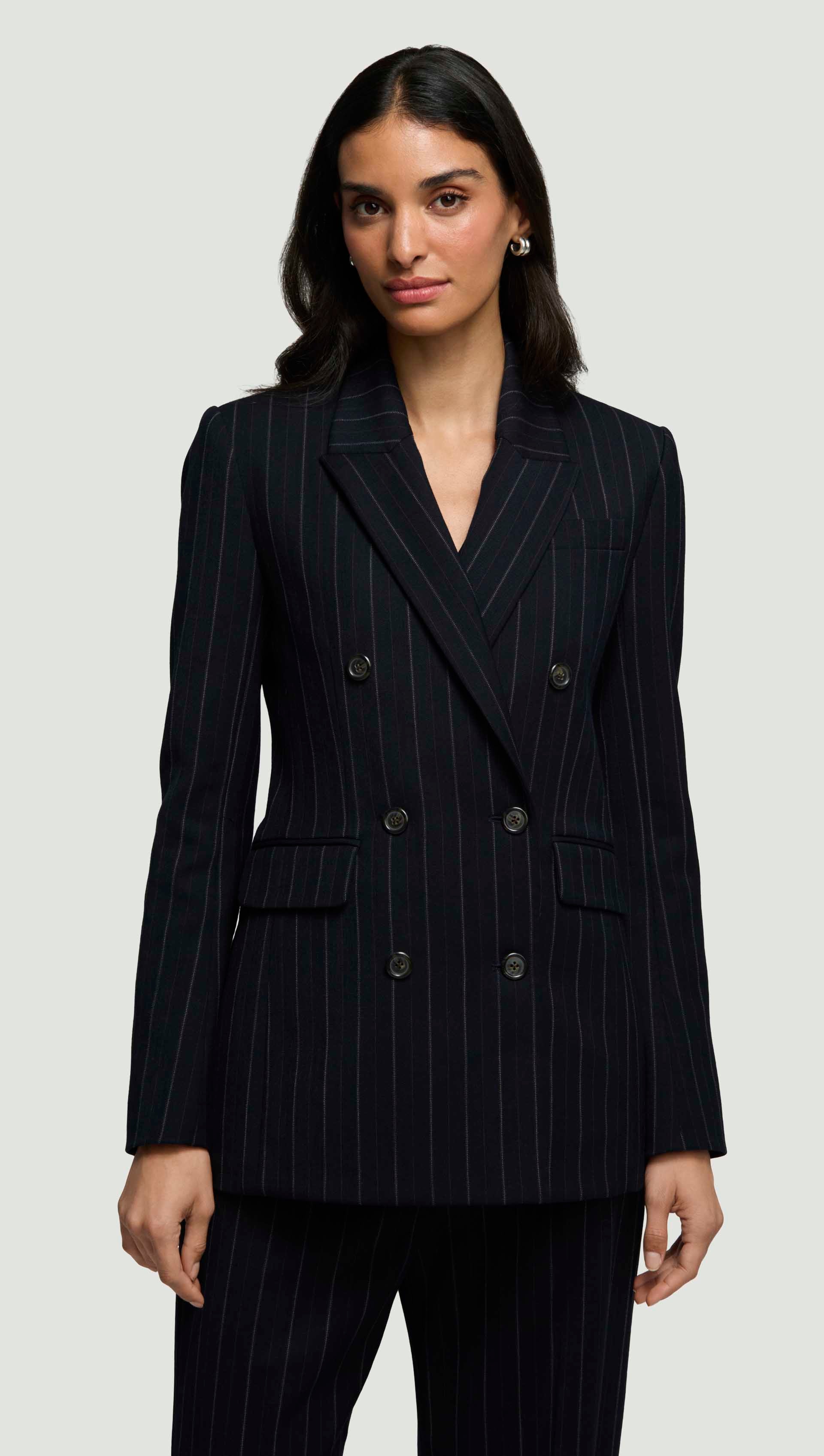 Argent Double-Breasted Blazer in Stretch Wool | Herringbone Midnight Stripe | Women's Blazers Argent Double-Breasted Blazer in Stretch Wool | Herringbone Midnight Stripe | Women's Blazers