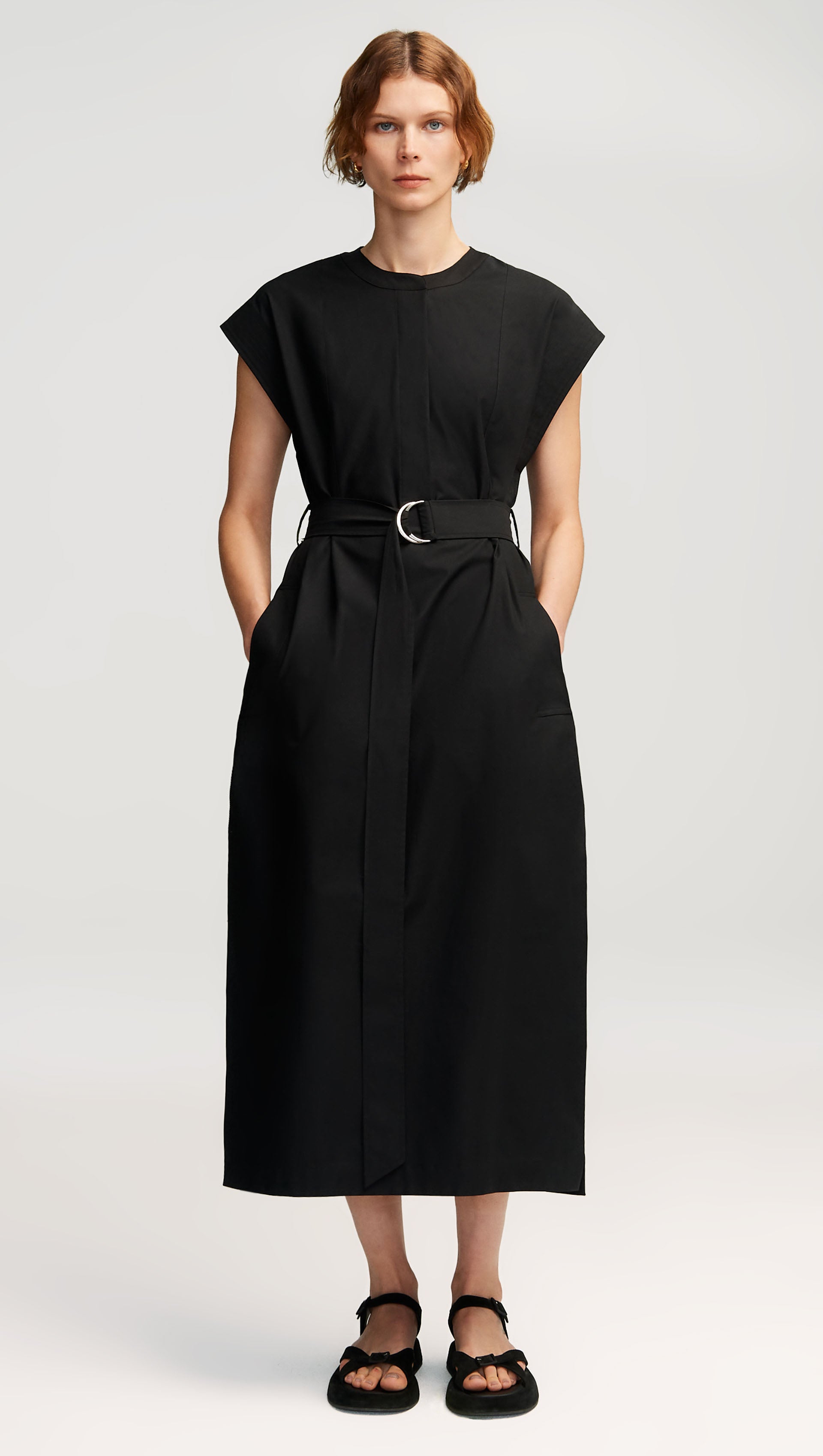 Argent Belted Cap-Sleeve Cotton Twill Midi Dress, Black, Women's, XL, Casual & Work Dresses Day Dresses Sundresses
