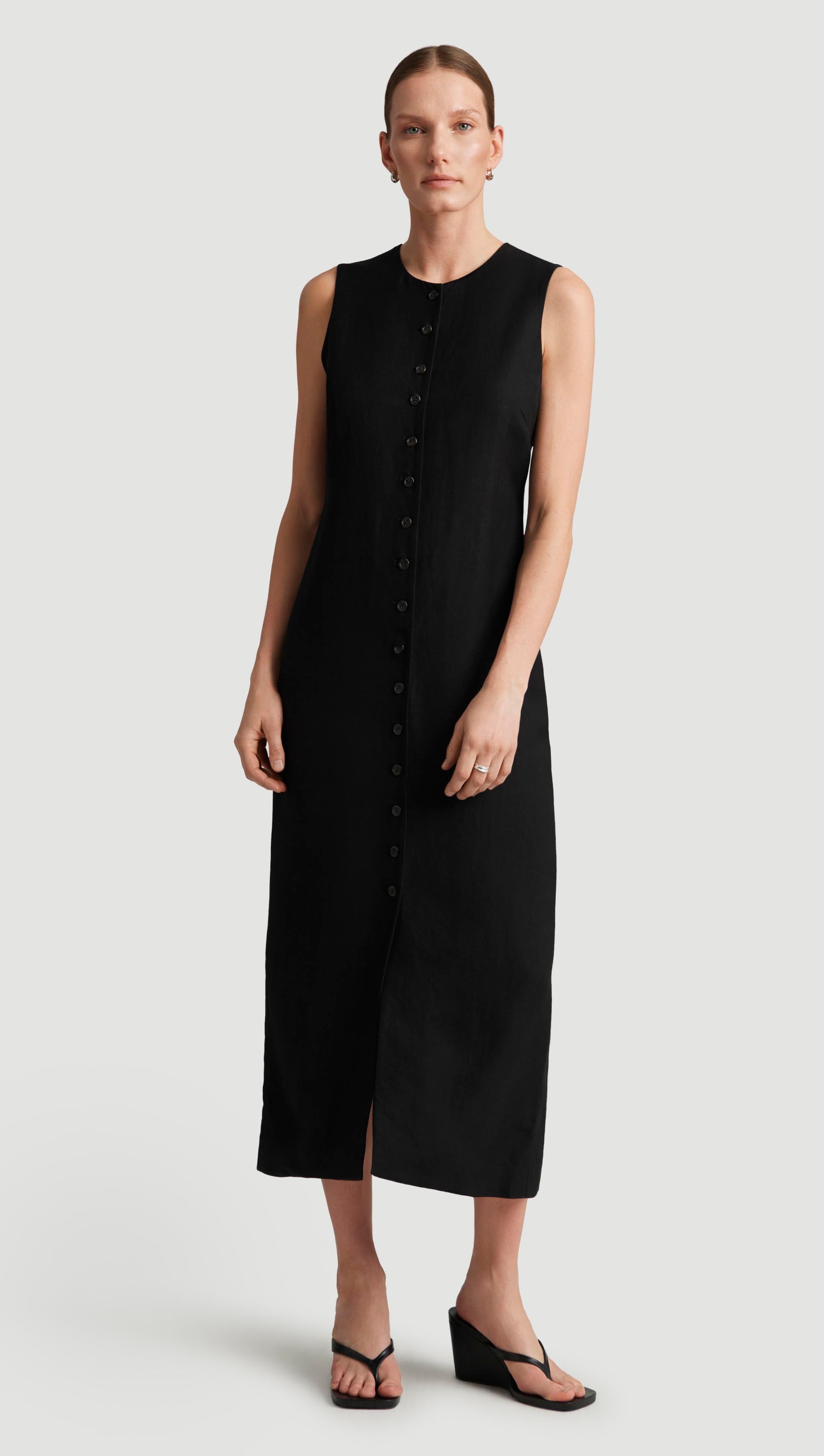 Button Dress in Viscose Linen Twill | Women's Dresses | Argent 0 / Black Button Dress in Viscose Linen Twill | Women's Dresses | Argent 0 / Black