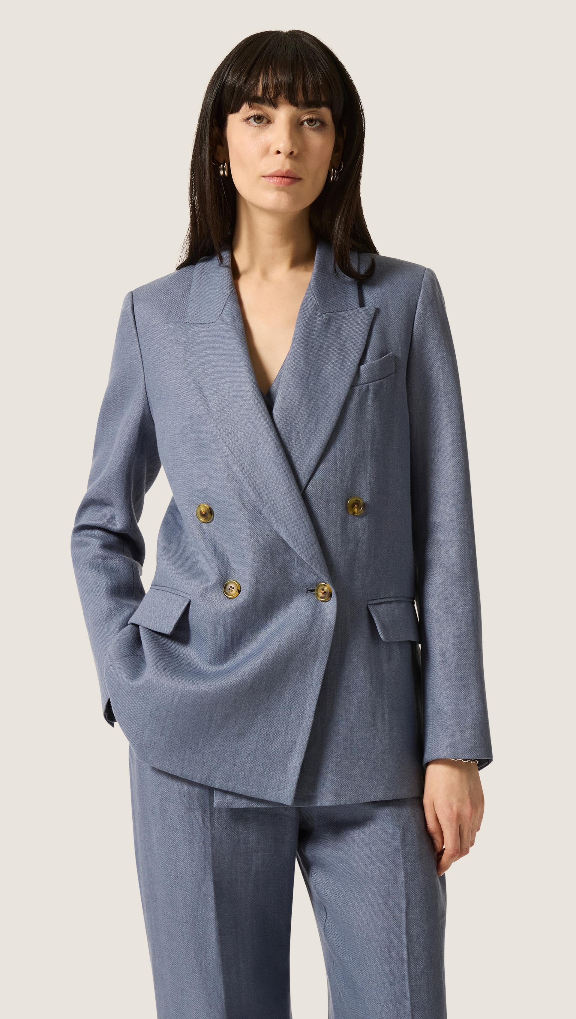 Argent Peak Lapel Blazer in Basket Weave Linen | Blue Grey | Women's Blazers