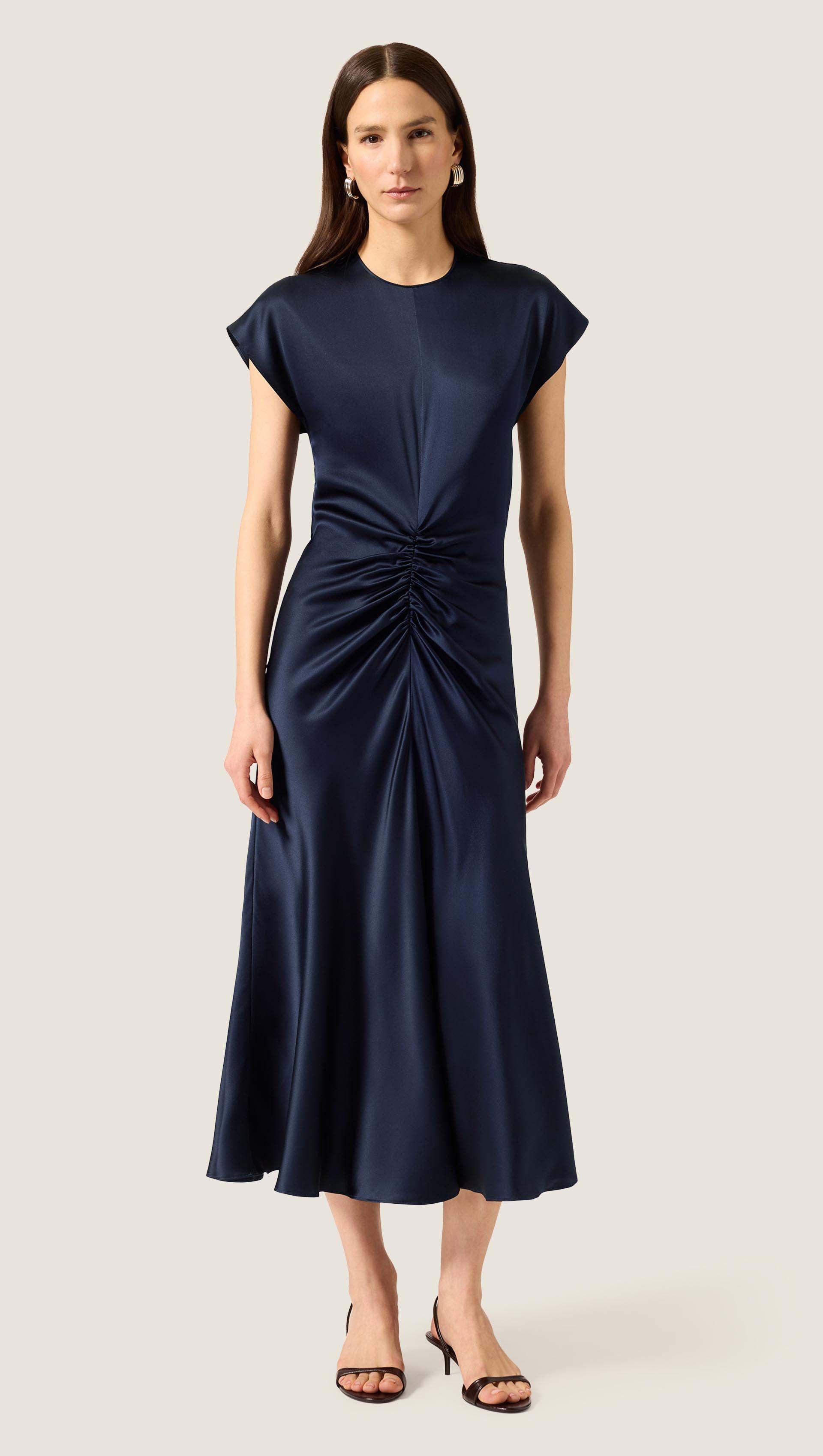 shirred satin dress Warehouse Women's Satin Shirred Bodice Balloon Sleeve Midi Dress in Mono