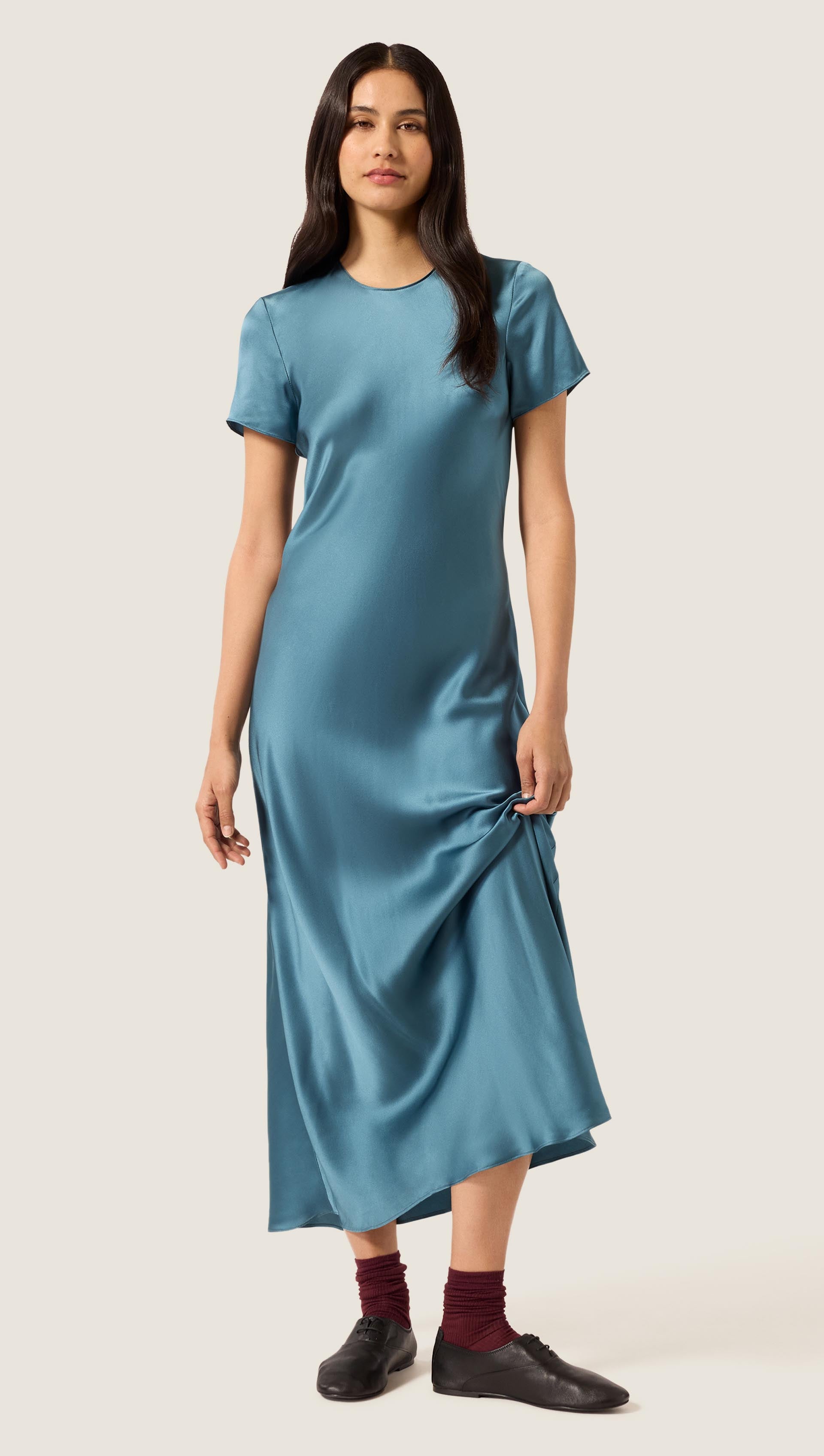 Argent Short Sleeve Bias Dress in Silk Charmeuse | Steel Blue | Women's Dresses