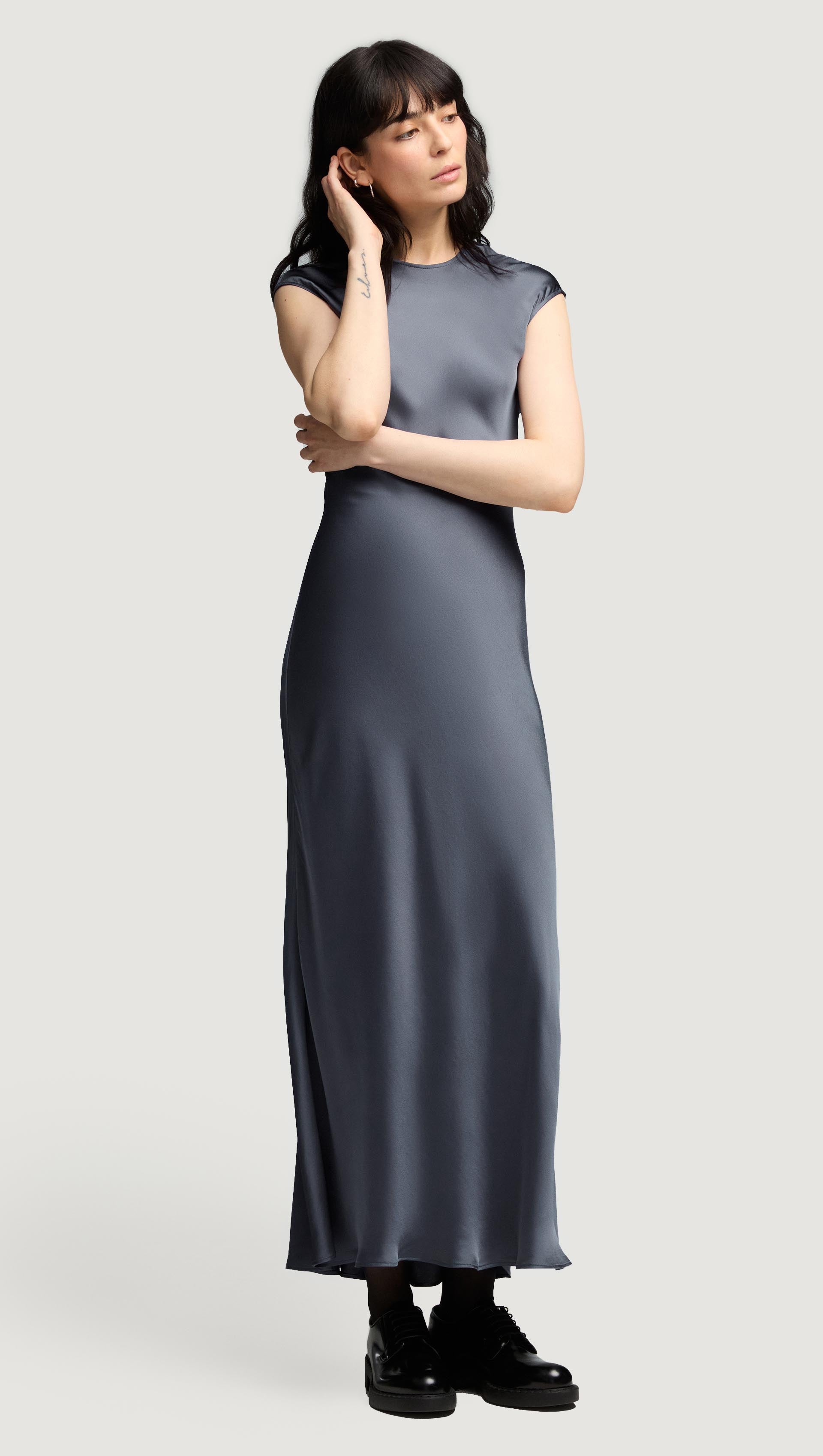 Bias Dress in Viscose Satin | Stone Blue