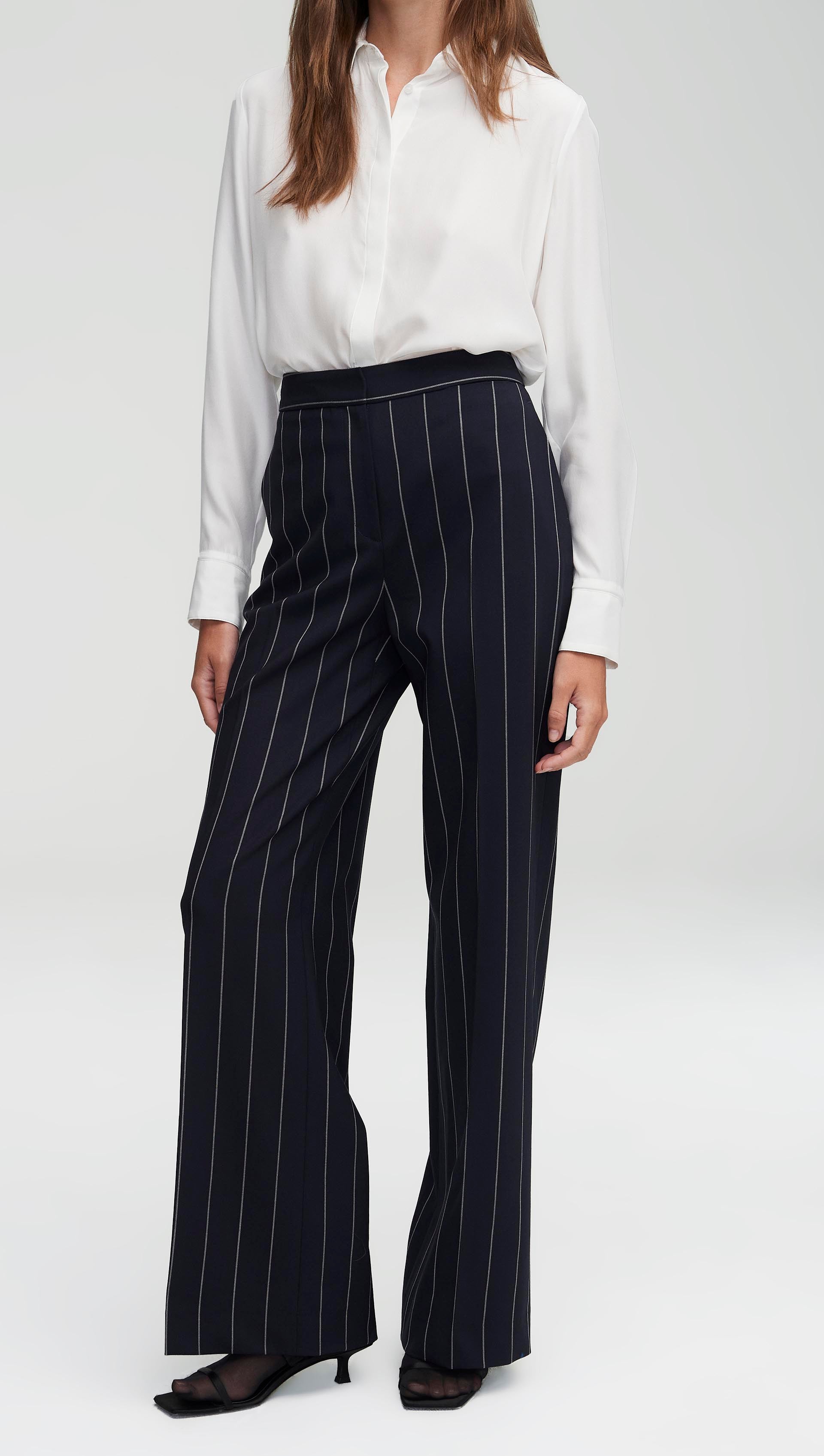 Wide Leg Trouser in Stretch Wool | Navy Stripe