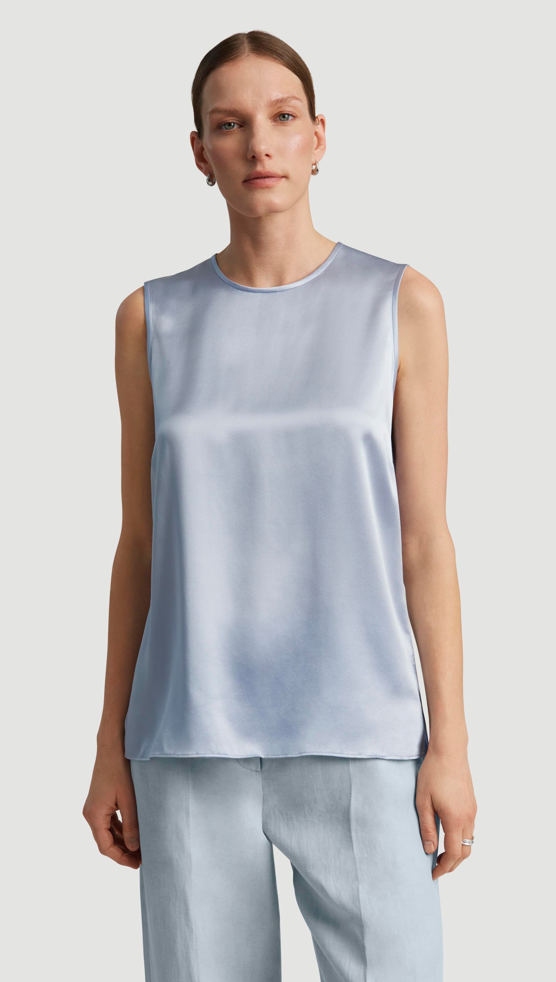 Crewneck Tank in Silk Charmeuse | Glacier