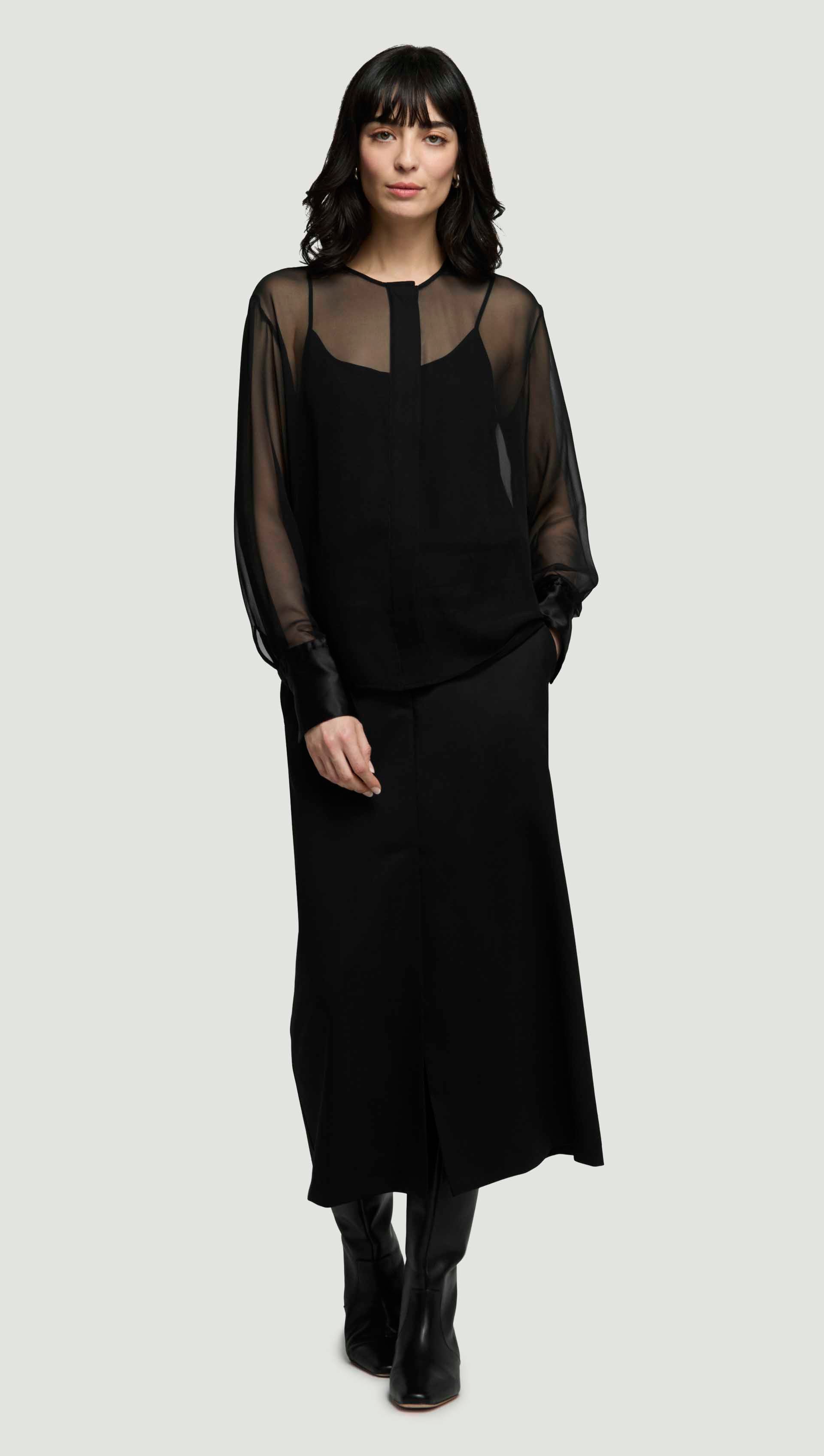 Collarless Blouse in Silk Chiffon | Women's Tops Collarless Blouse in Silk Chiffon | Women's Tops
