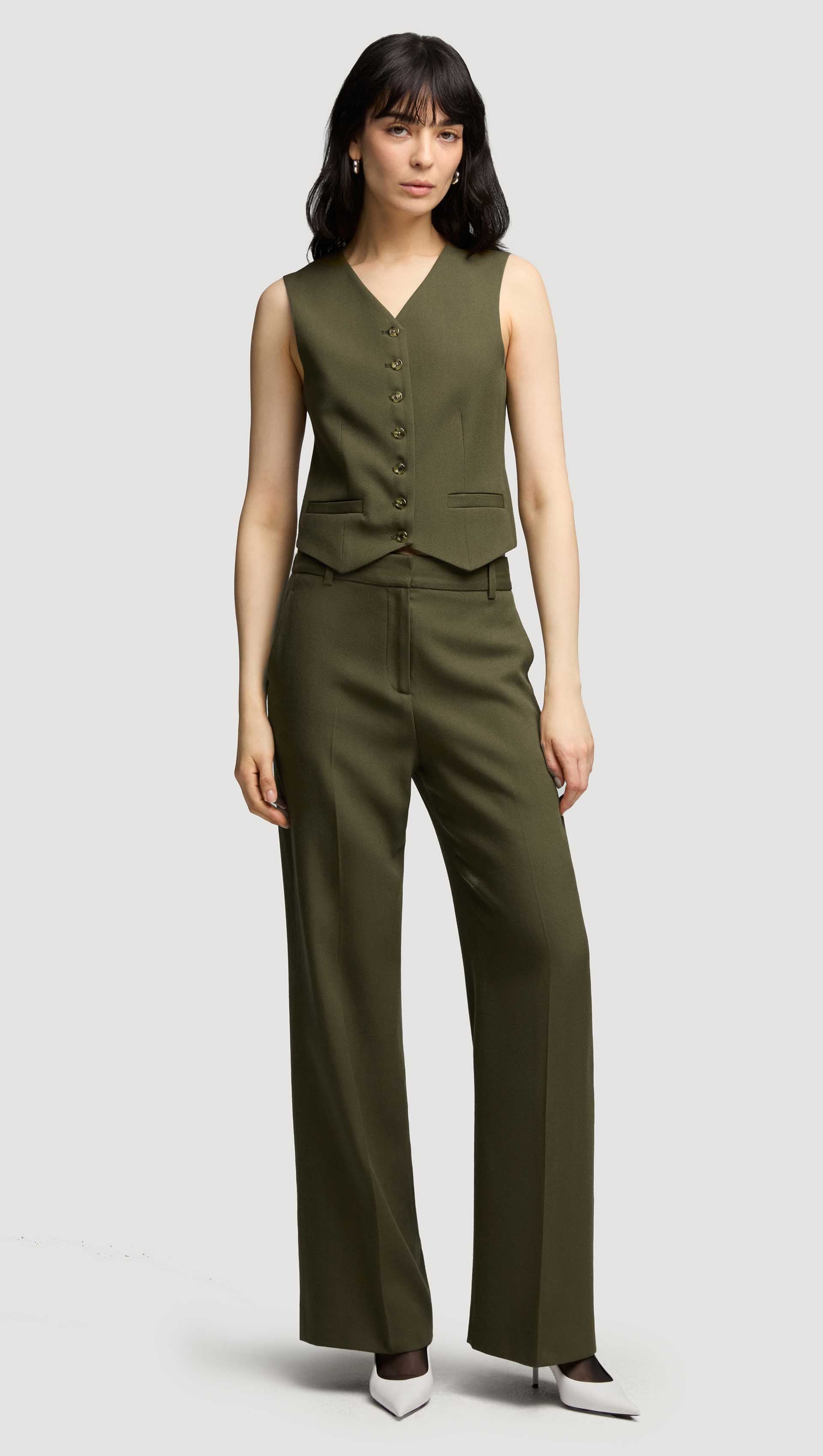 Shallow V-Neck Waistcoat in Viscose Wool Twill | Olive