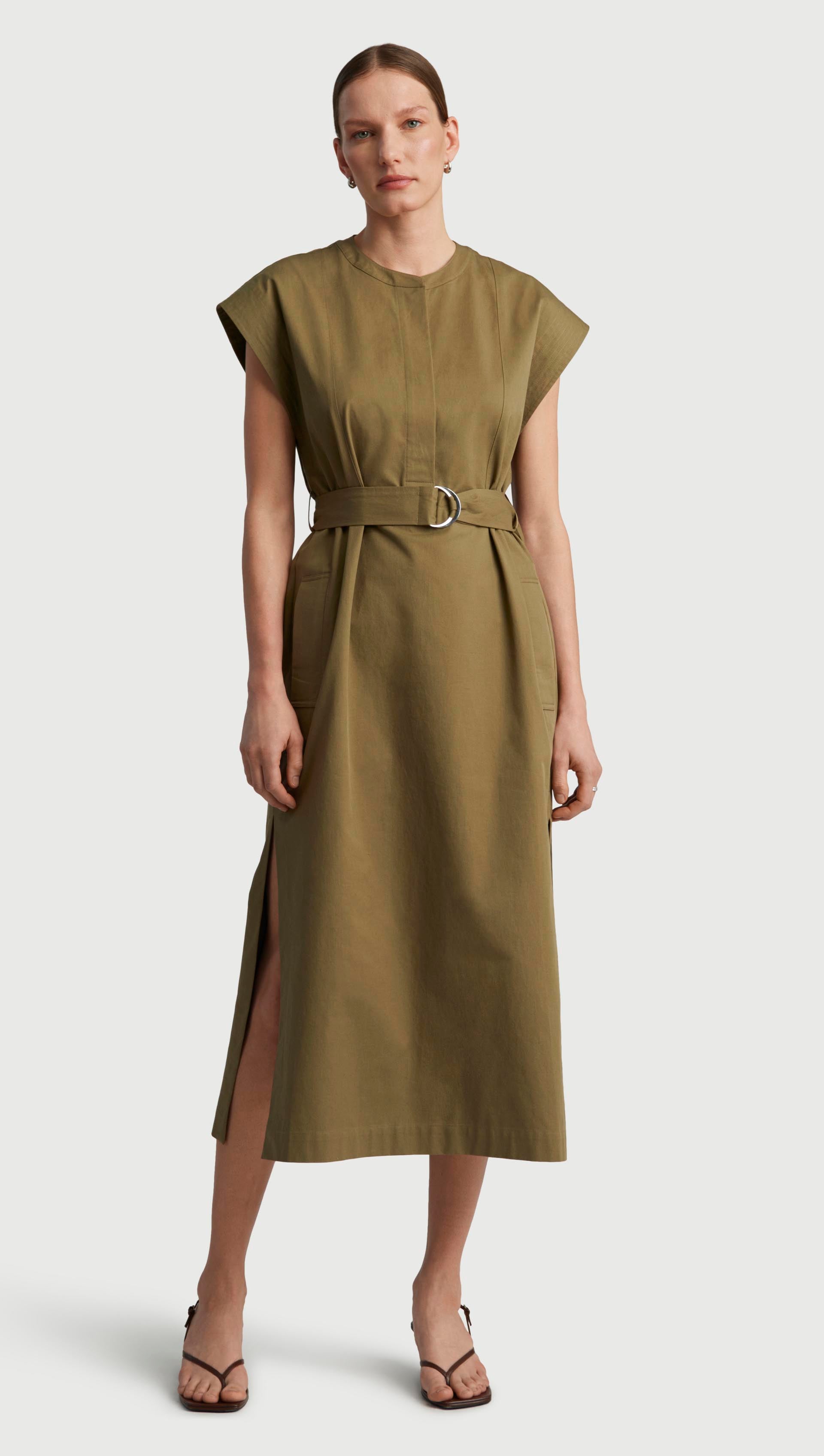 ARGENT Women's Belted Cap-Sleeve Cotton Twill Midi-Dress - Green