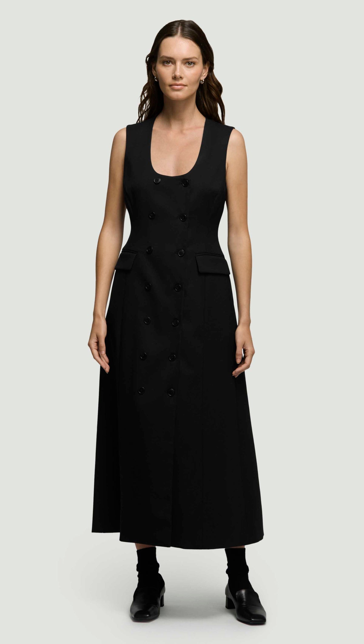 black double breasted dress Scoop Neck Double-Breasted in Seasonless Wool this Donna Karan New Edit:NYFWDesk Animal Print Plus Size Color:Caramel