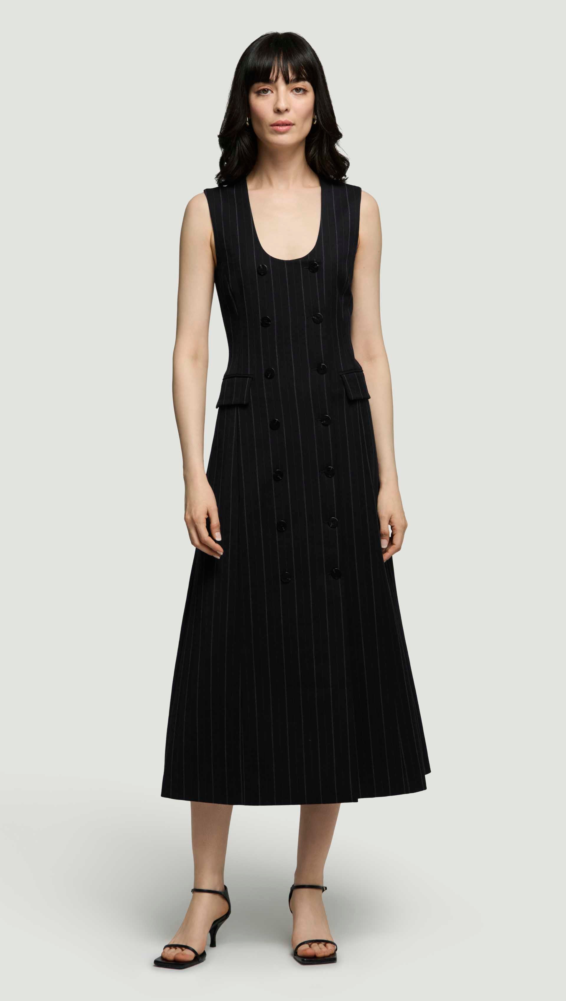 Argent Scoop Neck Double-Breasted Dress in Stretch Wool | Herringbone Midnight Stripe | Women's Dresses