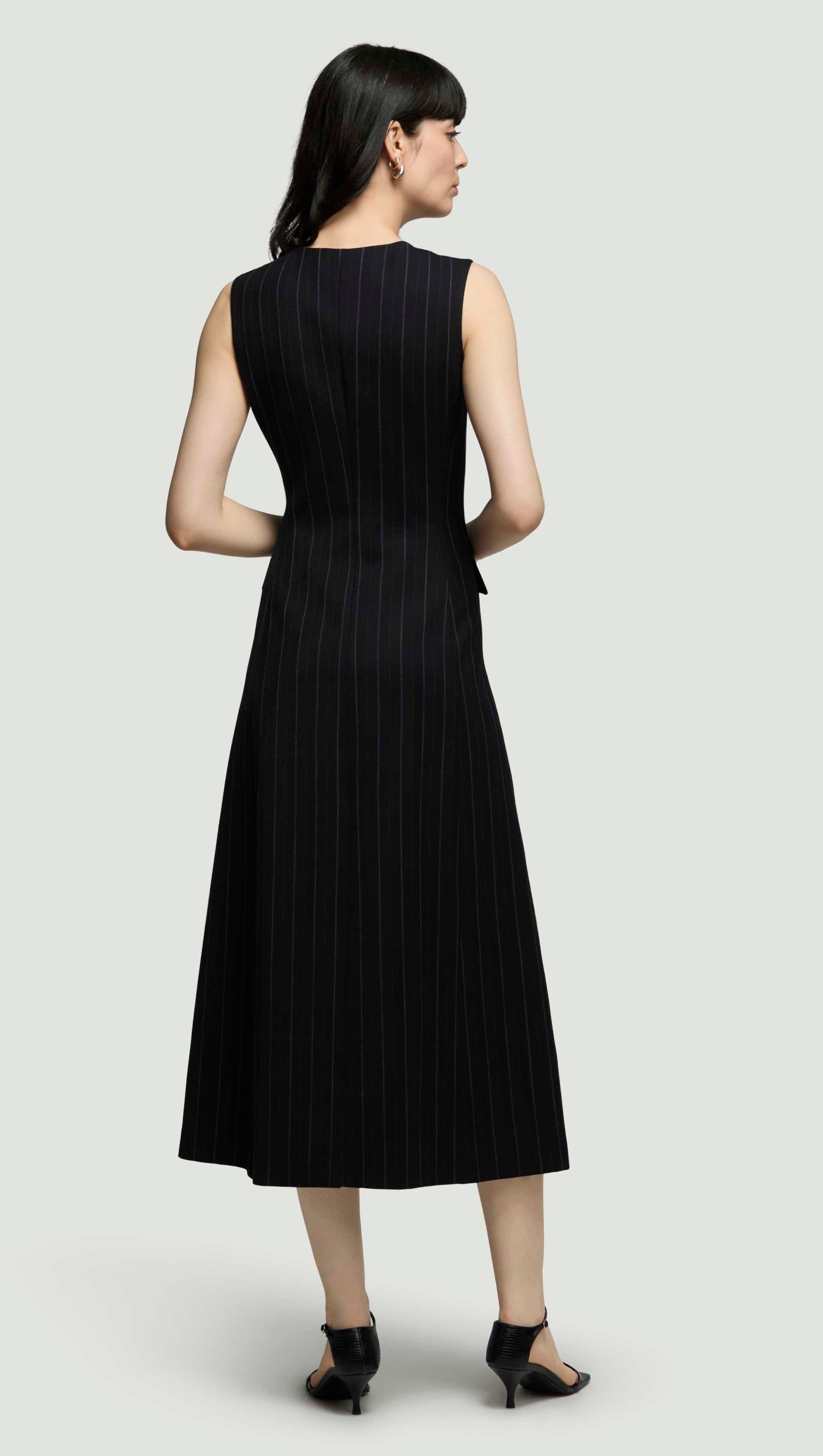 Argent Scoop Neck Double-Breasted Dress in Stretch Wool | Herringbone Midnight Stripe | Women's Dresses | Size 8 Argent Scoop Neck Double-Breasted Dress in Stretch Wool | Herringbone Midnight Stripe | Women's Dresses | Size 8