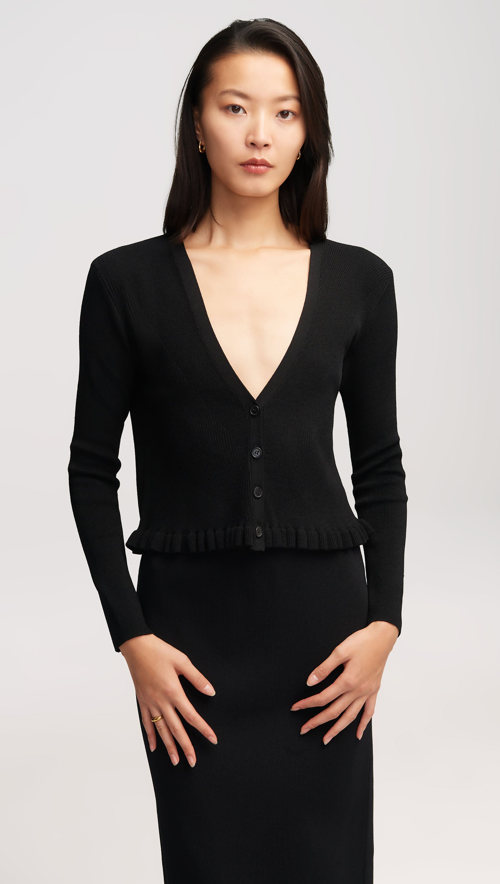 Cropped Ribbed Cardigan in Stretch Rayon | Black