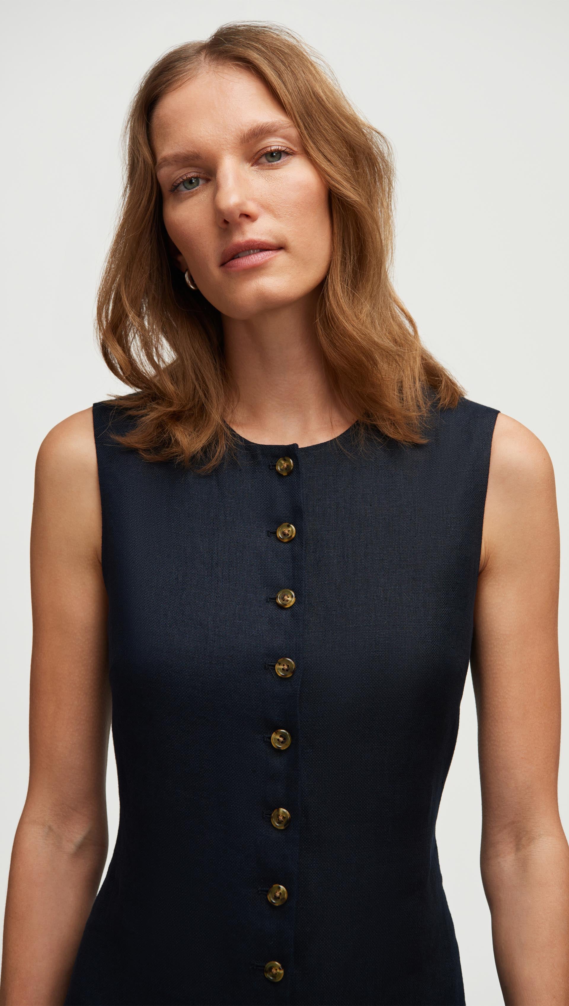 Argent Button Dress in Basket Weave Linen | Midnight | Women's Dresses | Size 2 Argent Button Dress in Basket Weave Linen | Midnight | Women's Dresses | Size 2