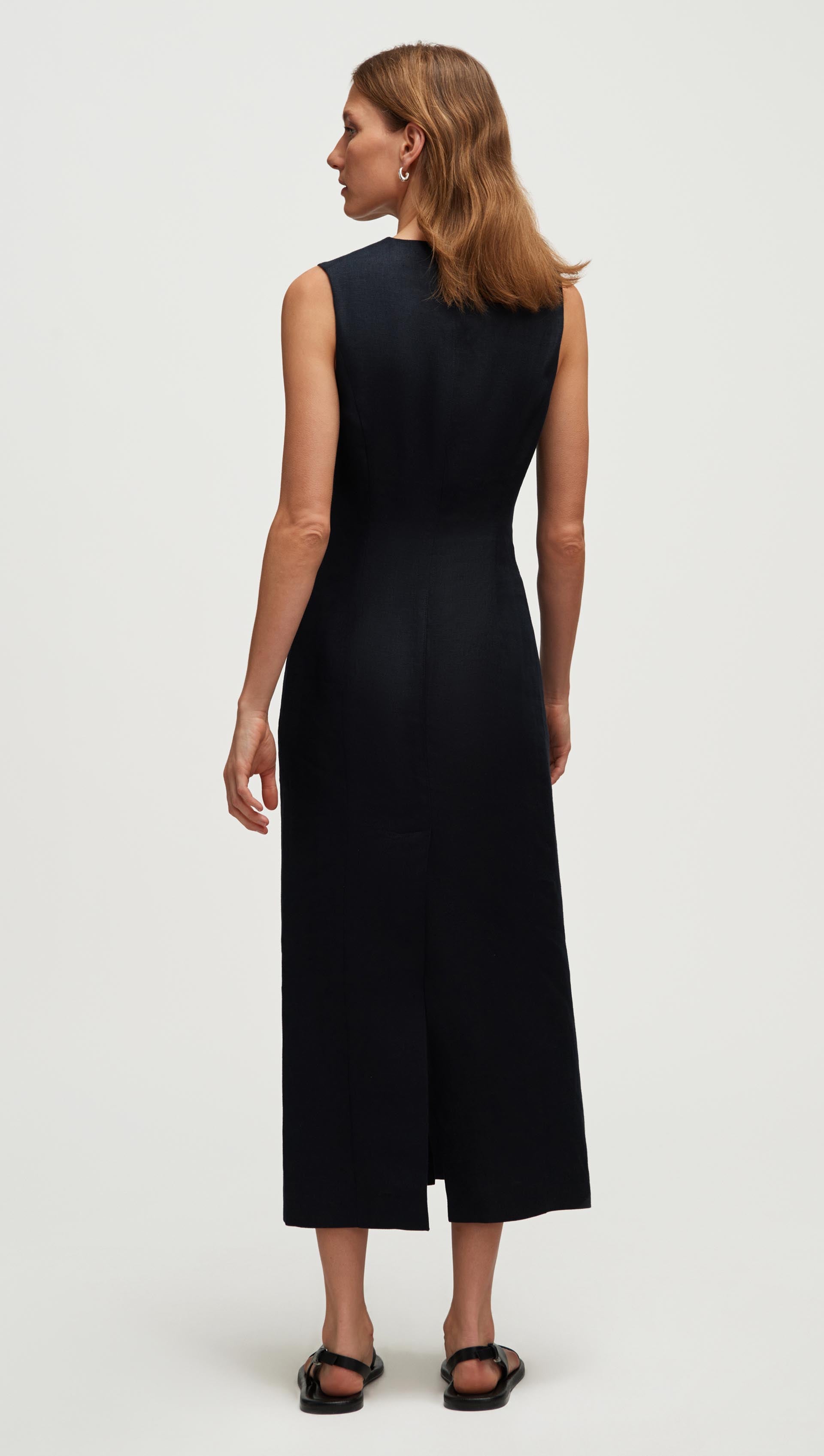 Argent Button Dress in Basket Weave Linen | Midnight | Women's Dresses | Size 2 Argent Button Dress in Basket Weave Linen | Midnight | Women's Dresses | Size 2