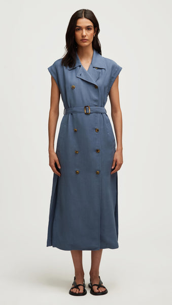 Argent Trench Dress in Viscose Linen Twill | Powder Blue | Women's Dresses