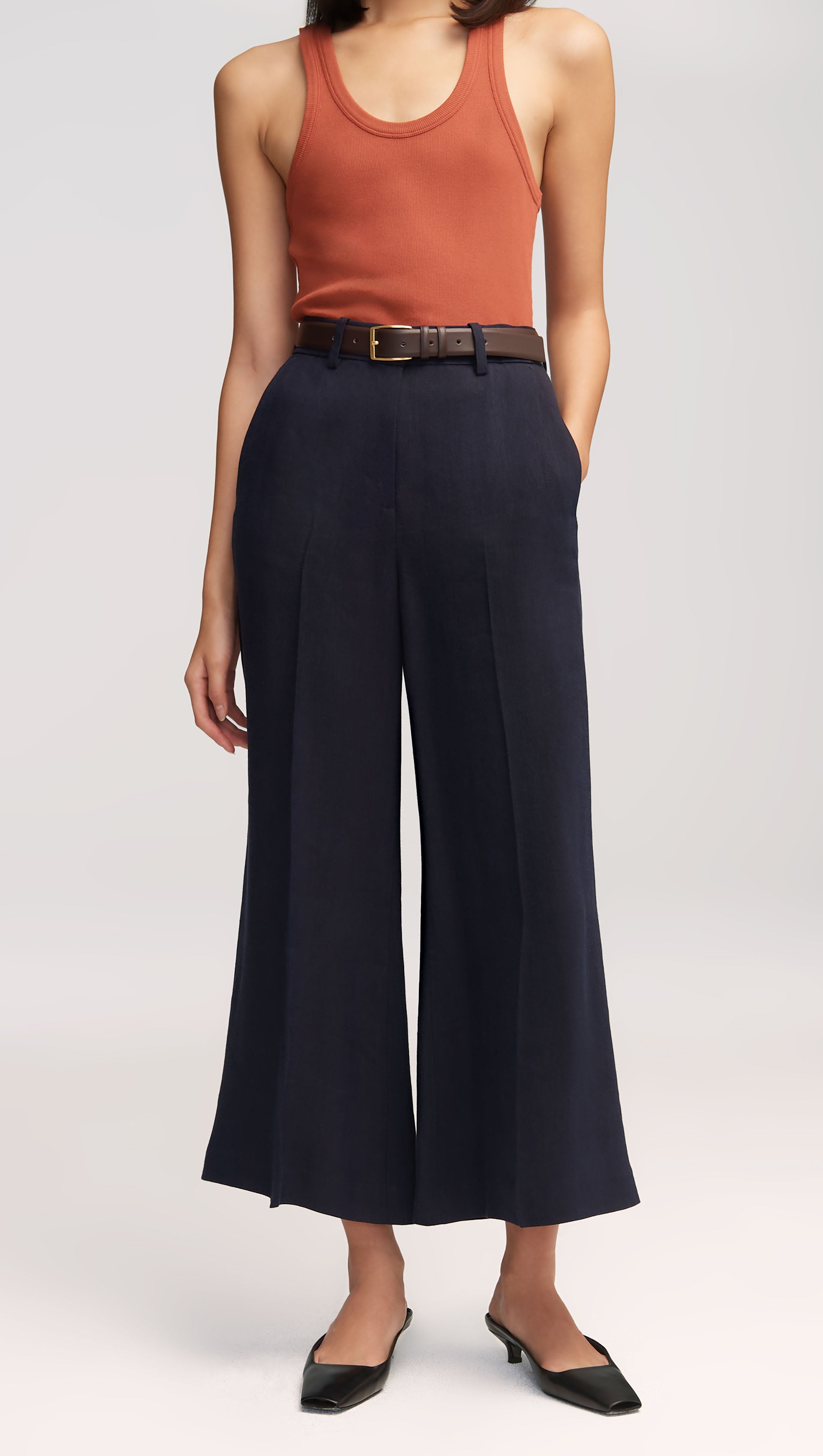 Cropped Flare Trouser in Textured Linen Twill | Midnight
