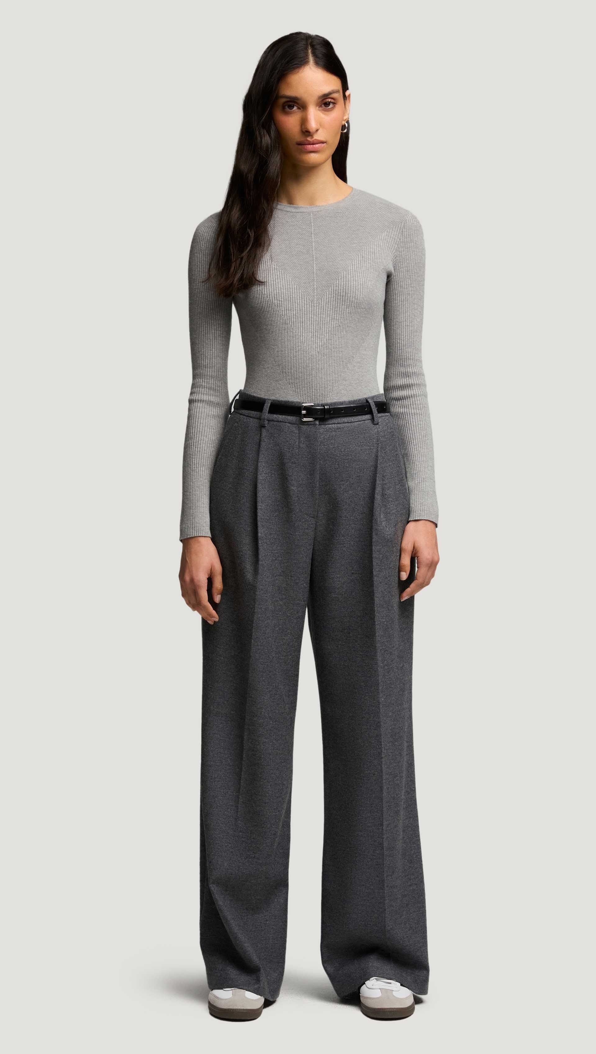 Single Pleat Trouser in Textured Wool | Grey Melange