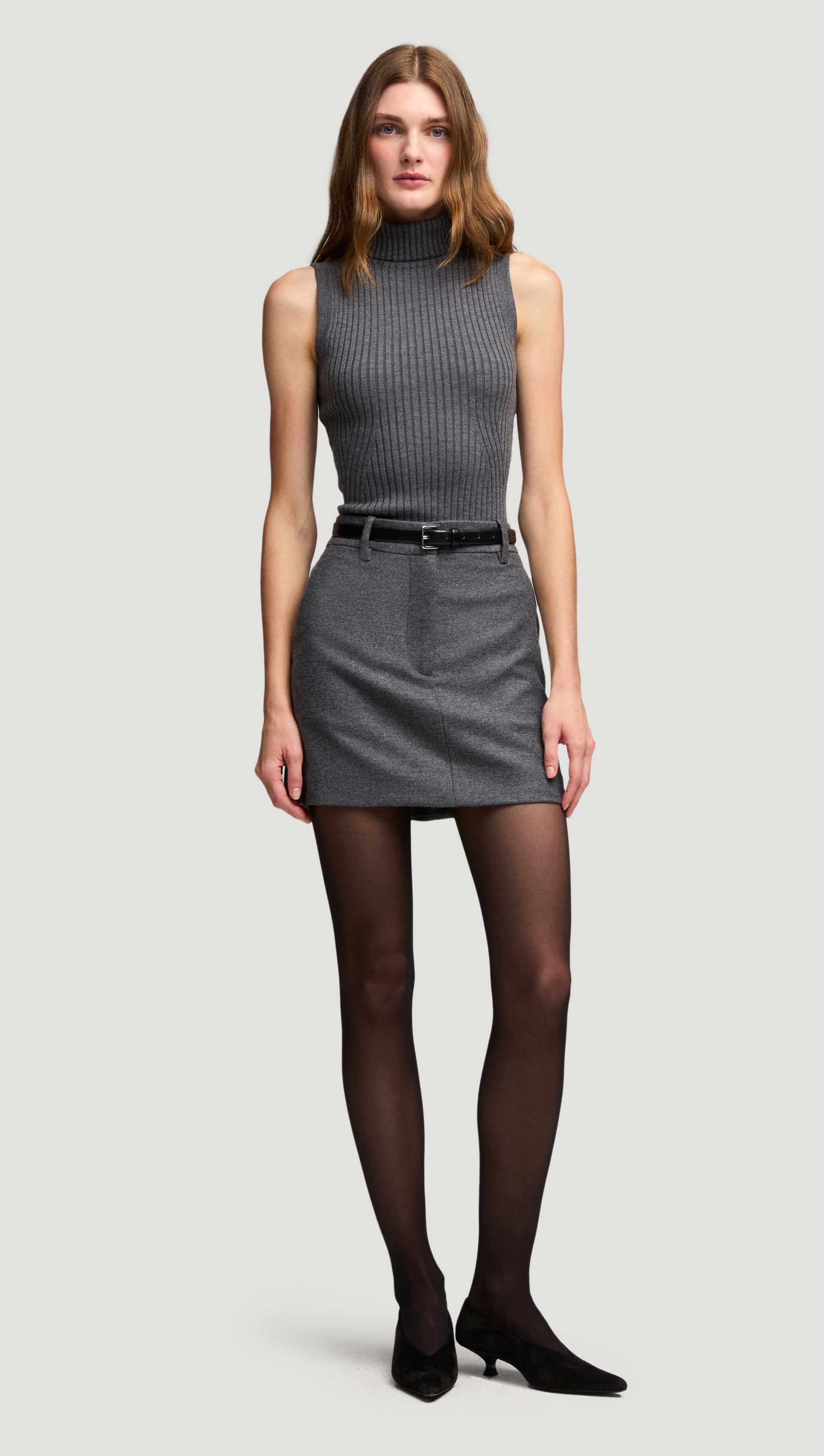 Mini Tailored Skirt in Textured Wool | Grey Melange