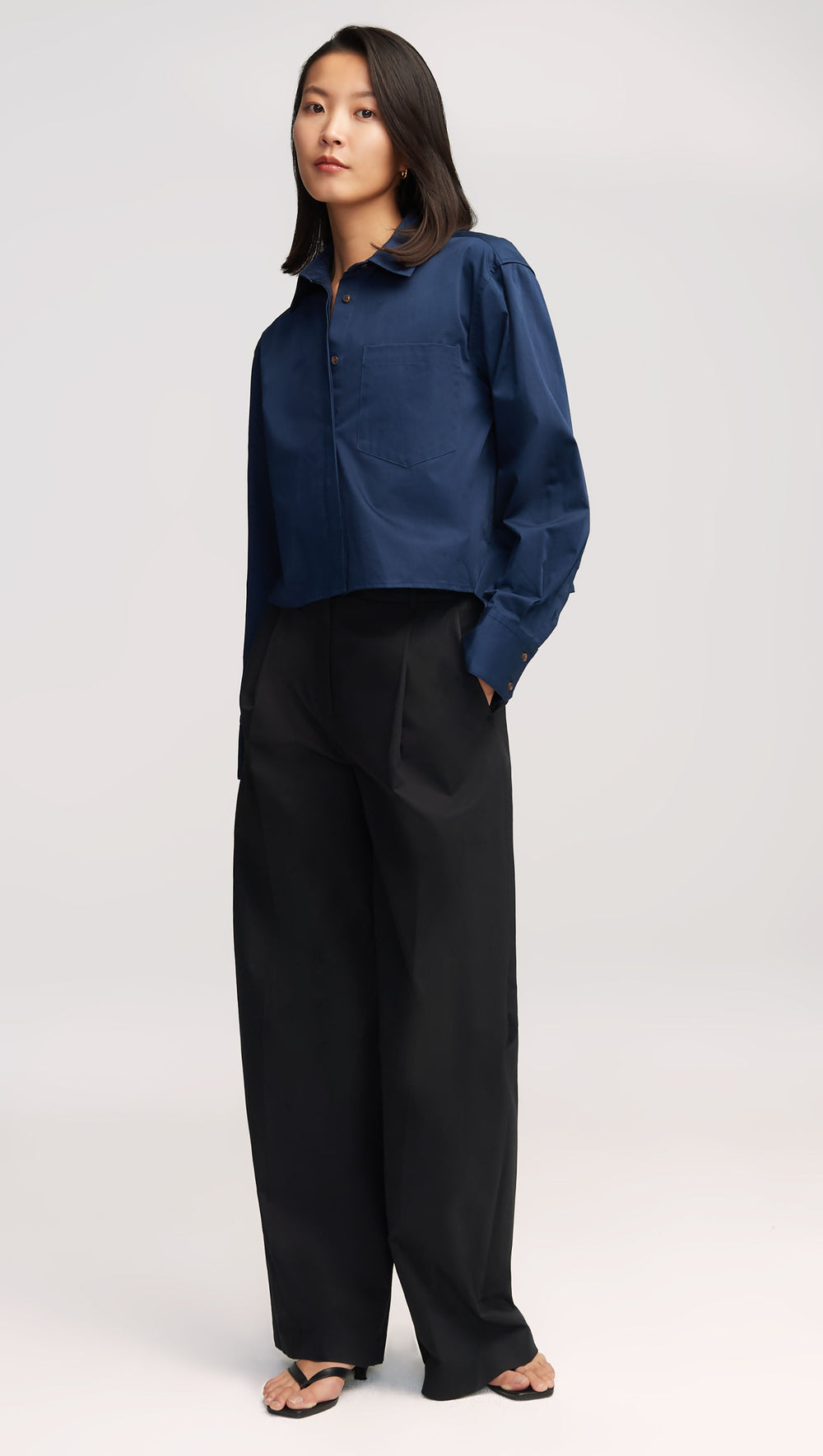 Cropped Shirt in Cotton Sateen | Midnight