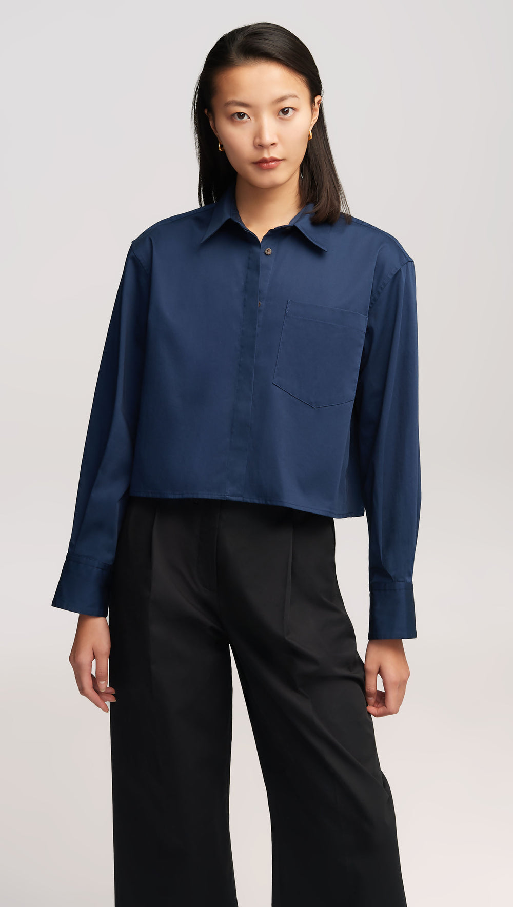 Cropped Shirt in Cotton Sateen | Midnight