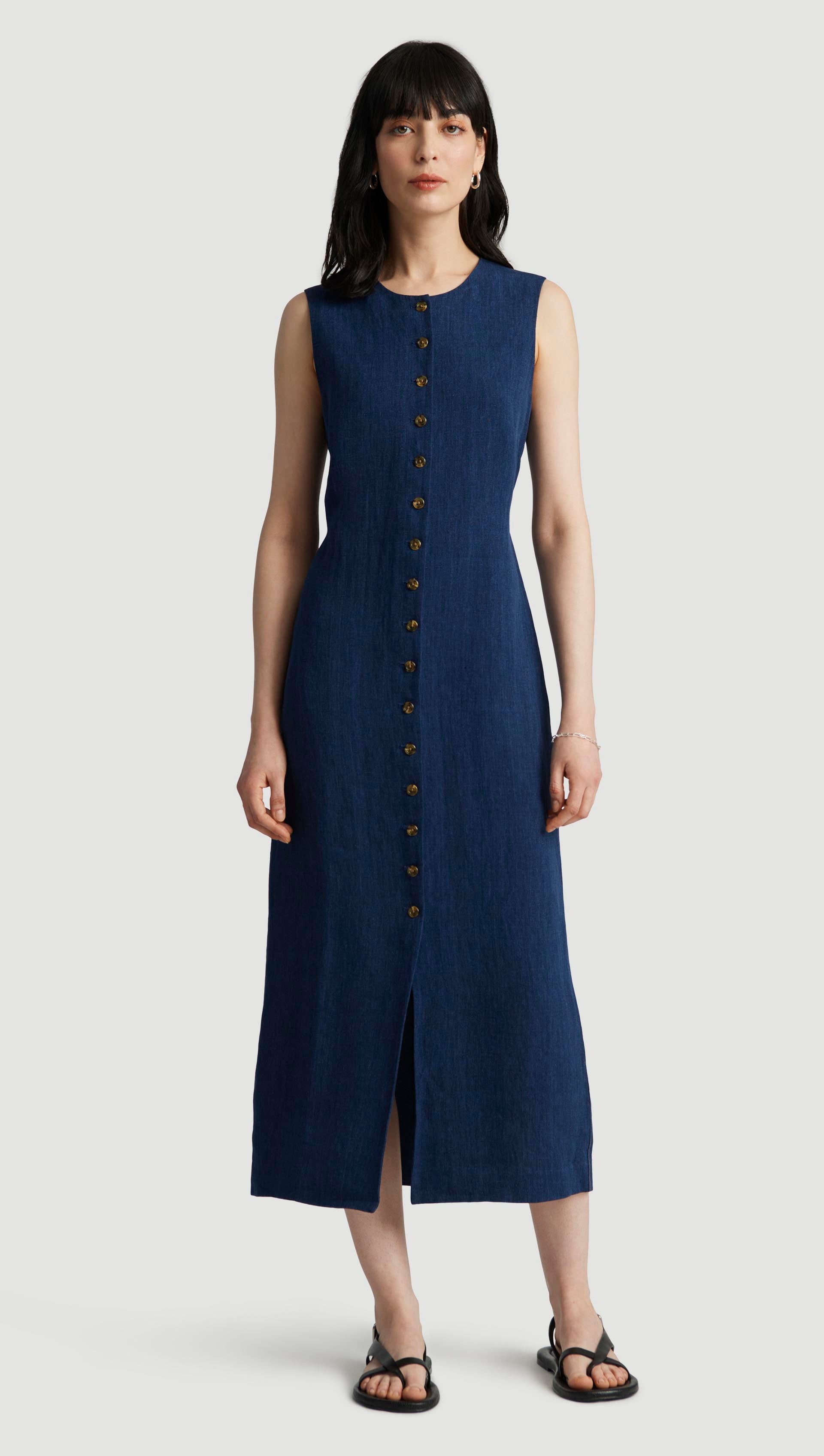 Button Dress in Linen | Denim