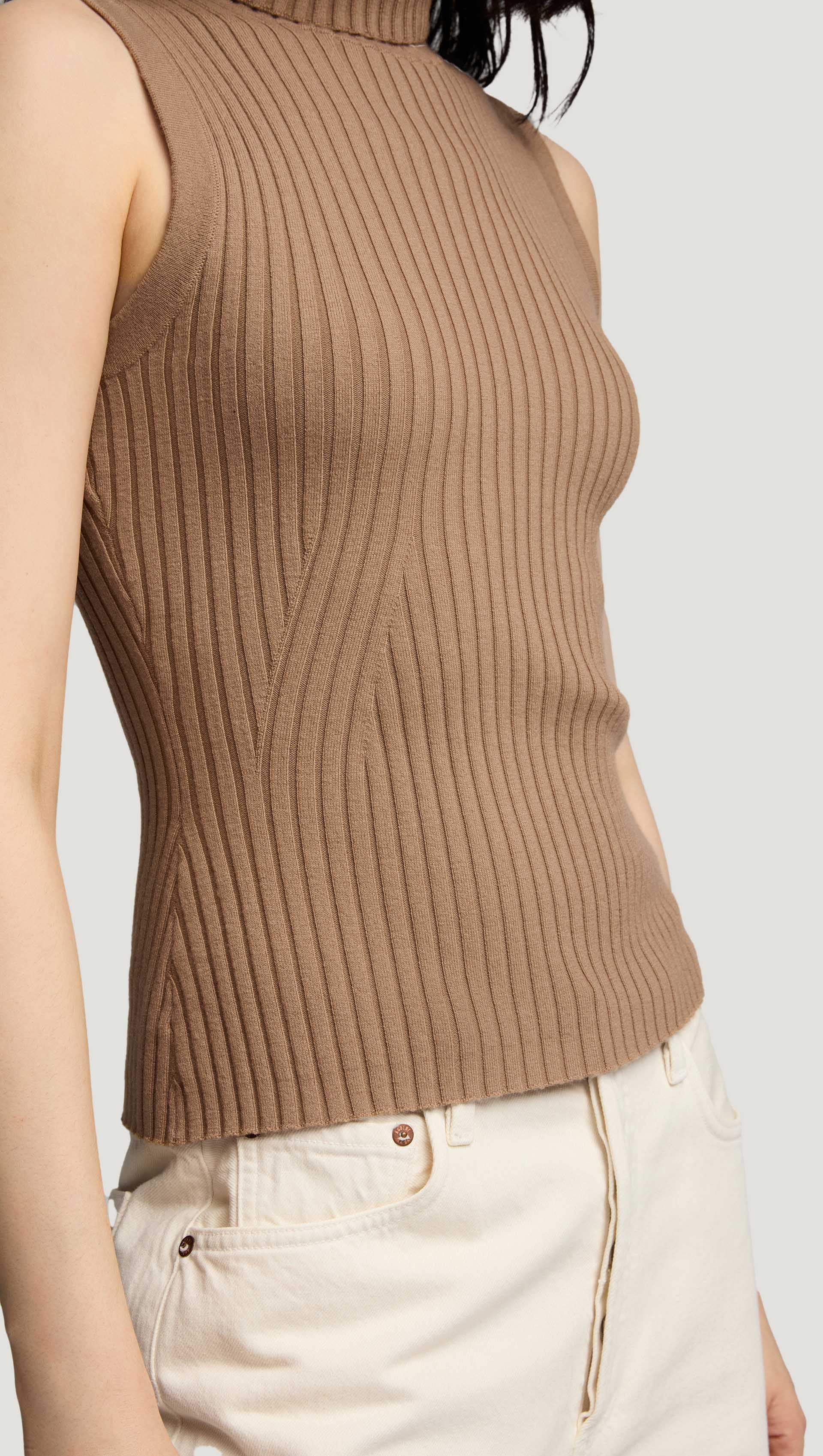 Sleeveless Turtleneck in Stretch Wool | Camel