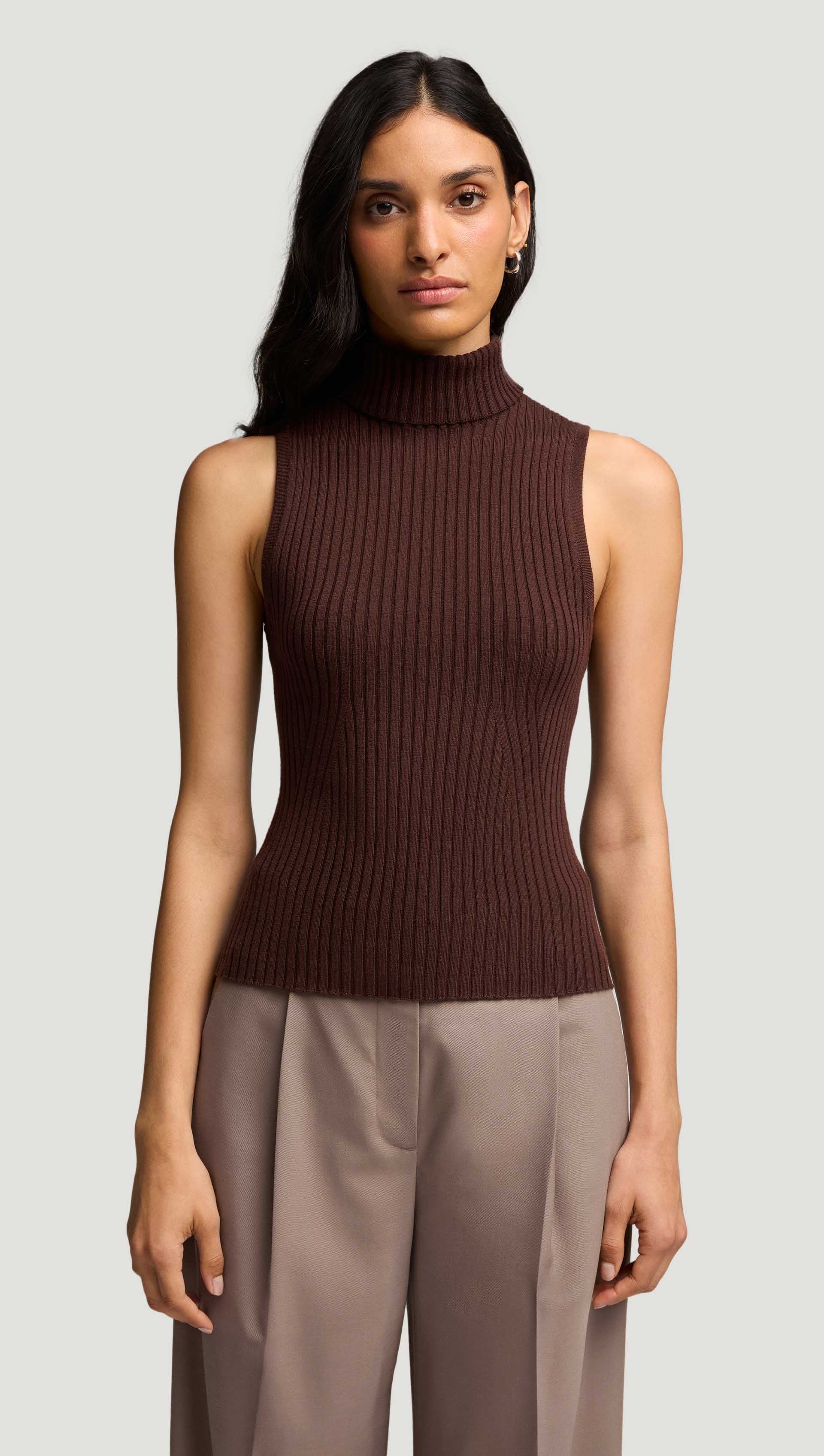 Womens Tops Brown Polo Neck Top Sleeveless Turtleneck Outfit