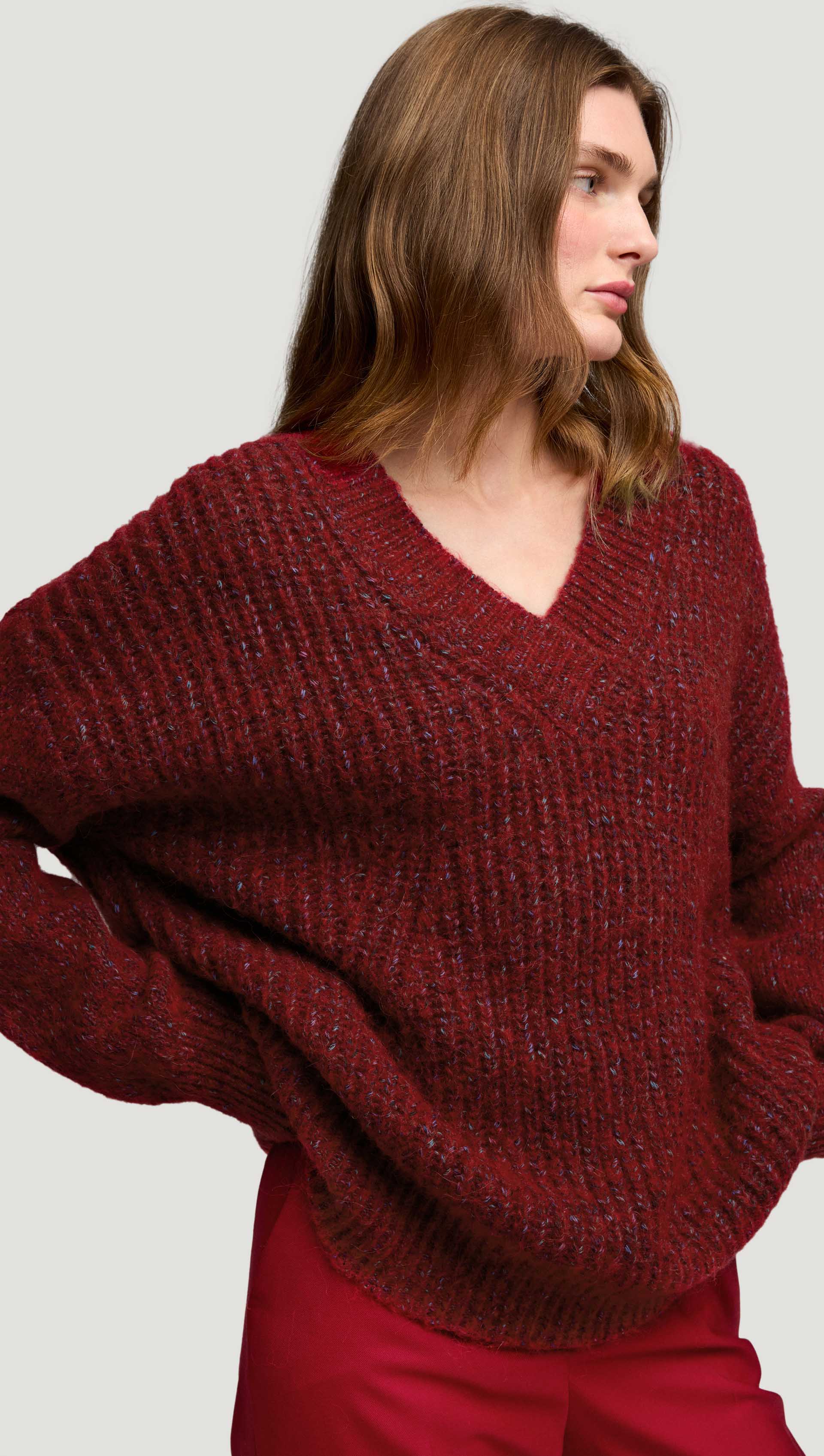 V-Neck Sweater in Marl Yarn | Burgundy