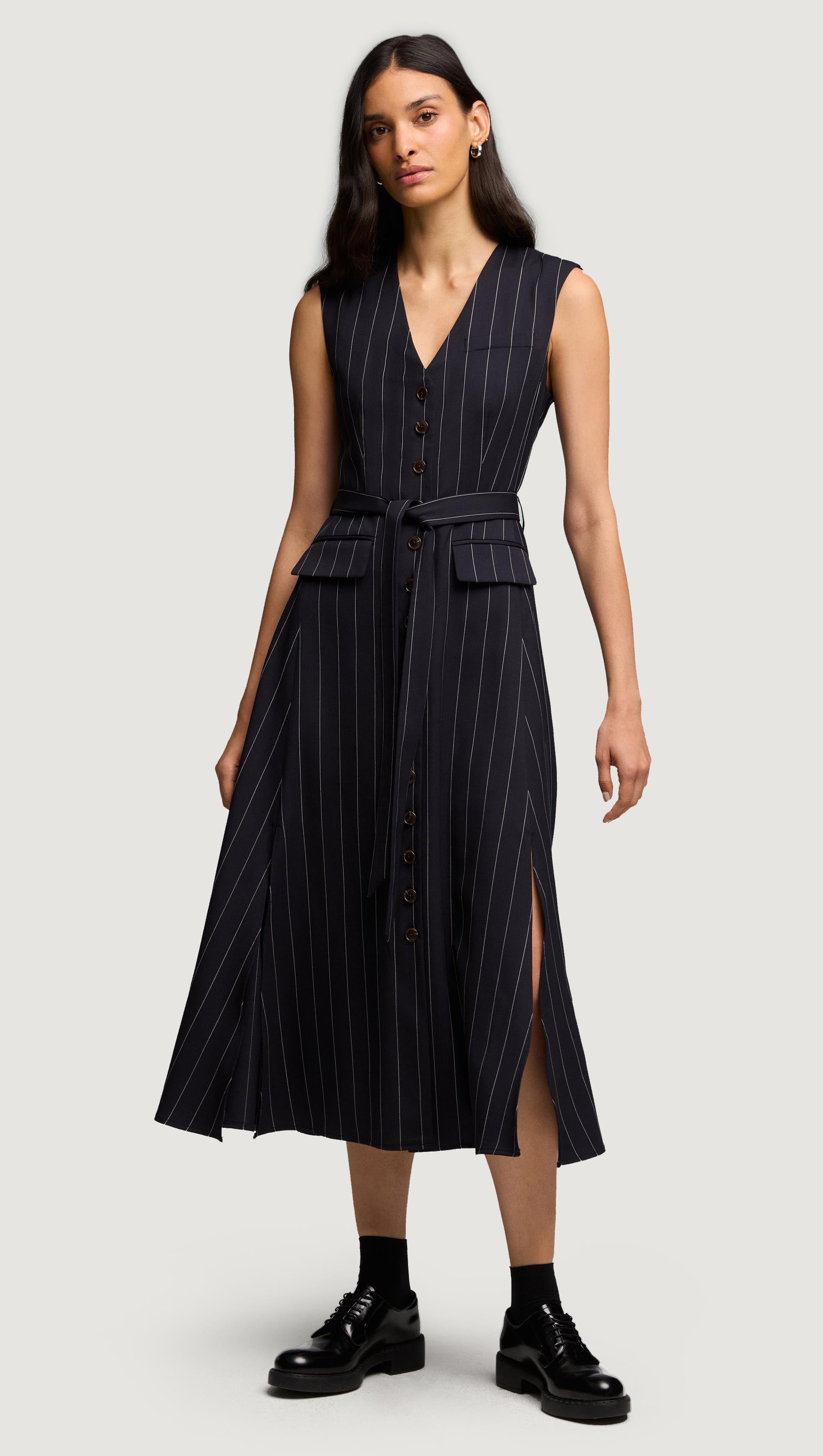 Vest Dress in Stretch Wool | Navy Pinstripe