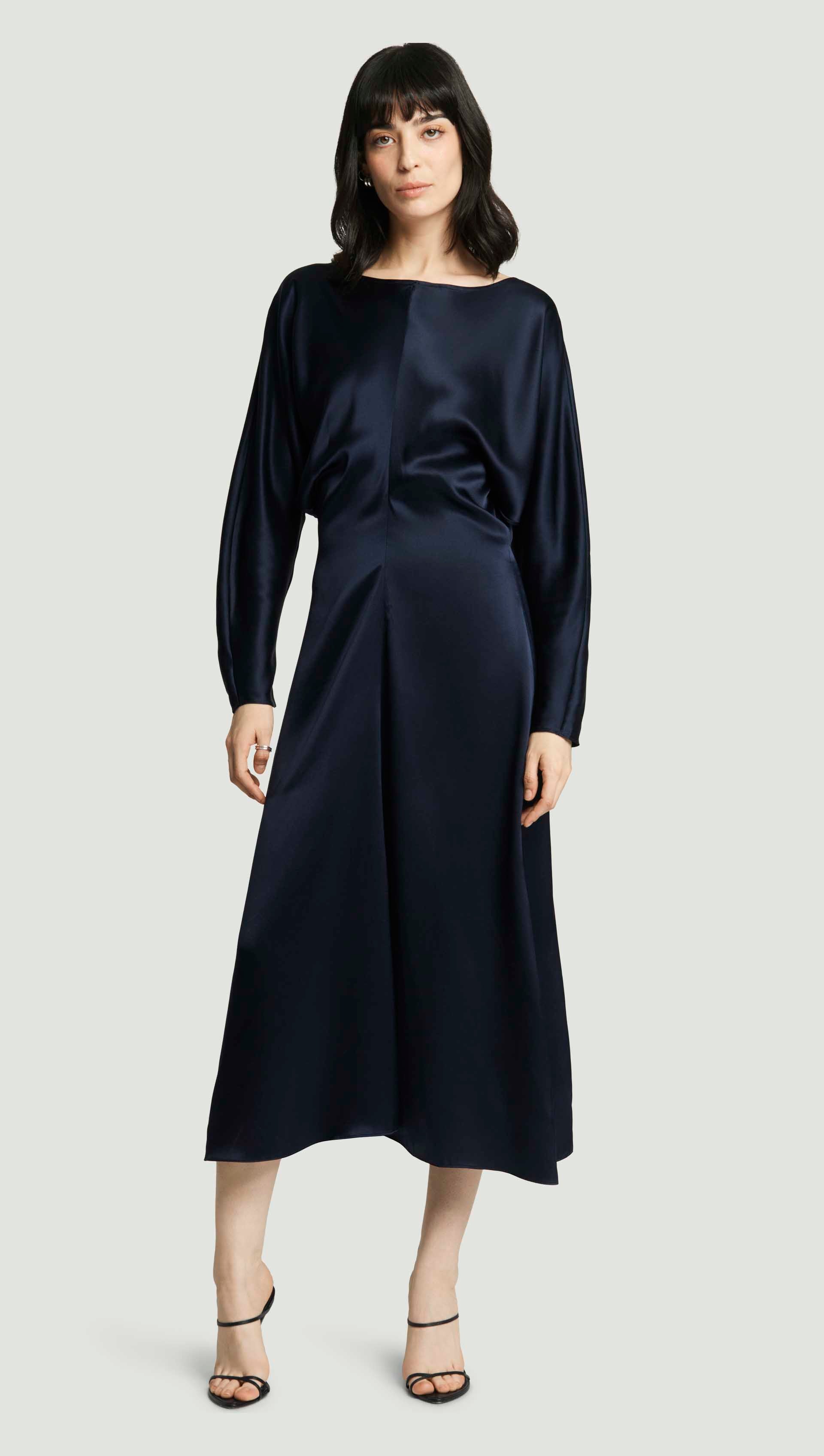 Argent Longsleeve Draped Dress in Silk Charmeuse | Midnight | Women's Dresses