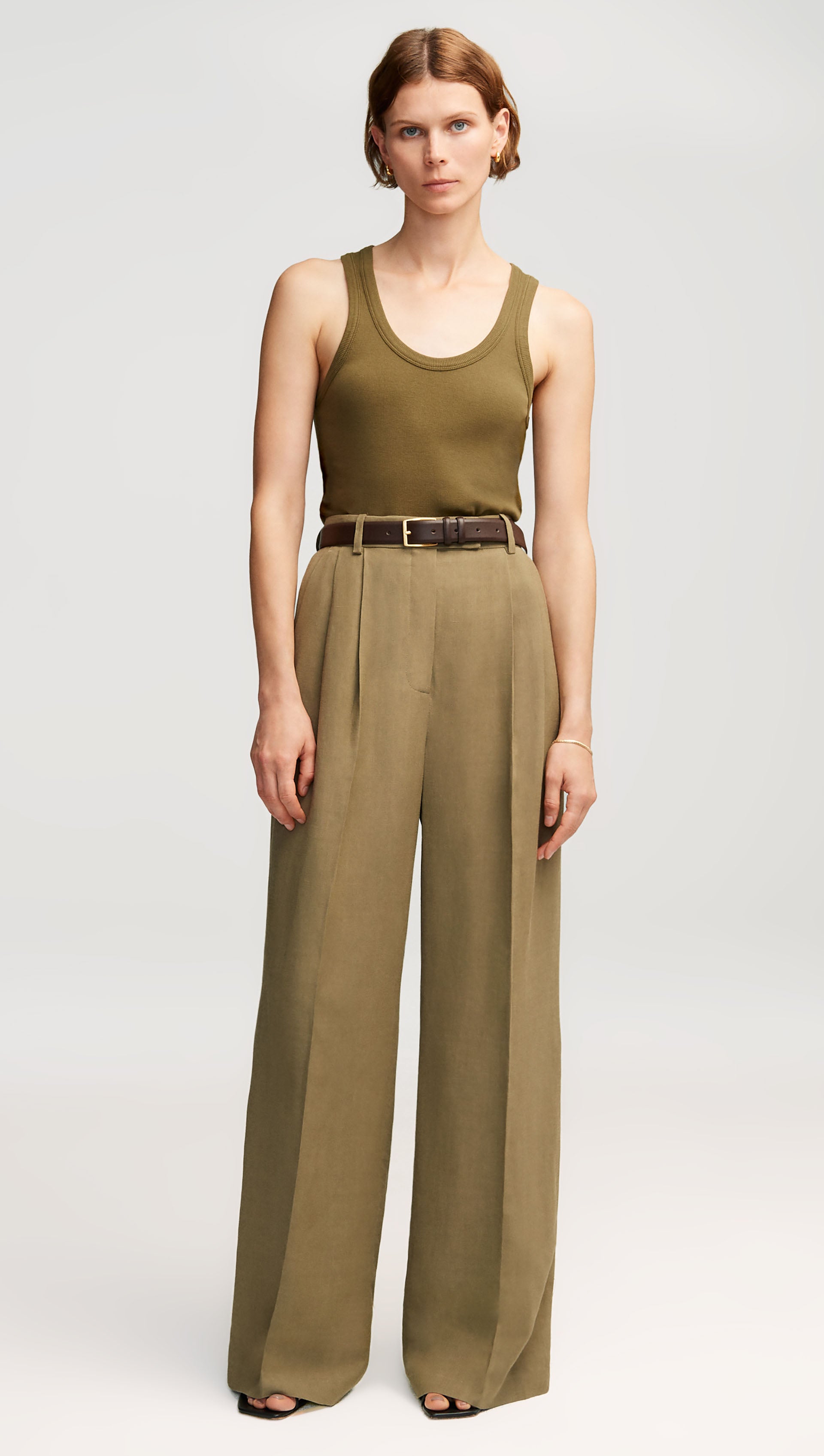 Pleated Trouser in Viscose Linen Twill | Khaki Green