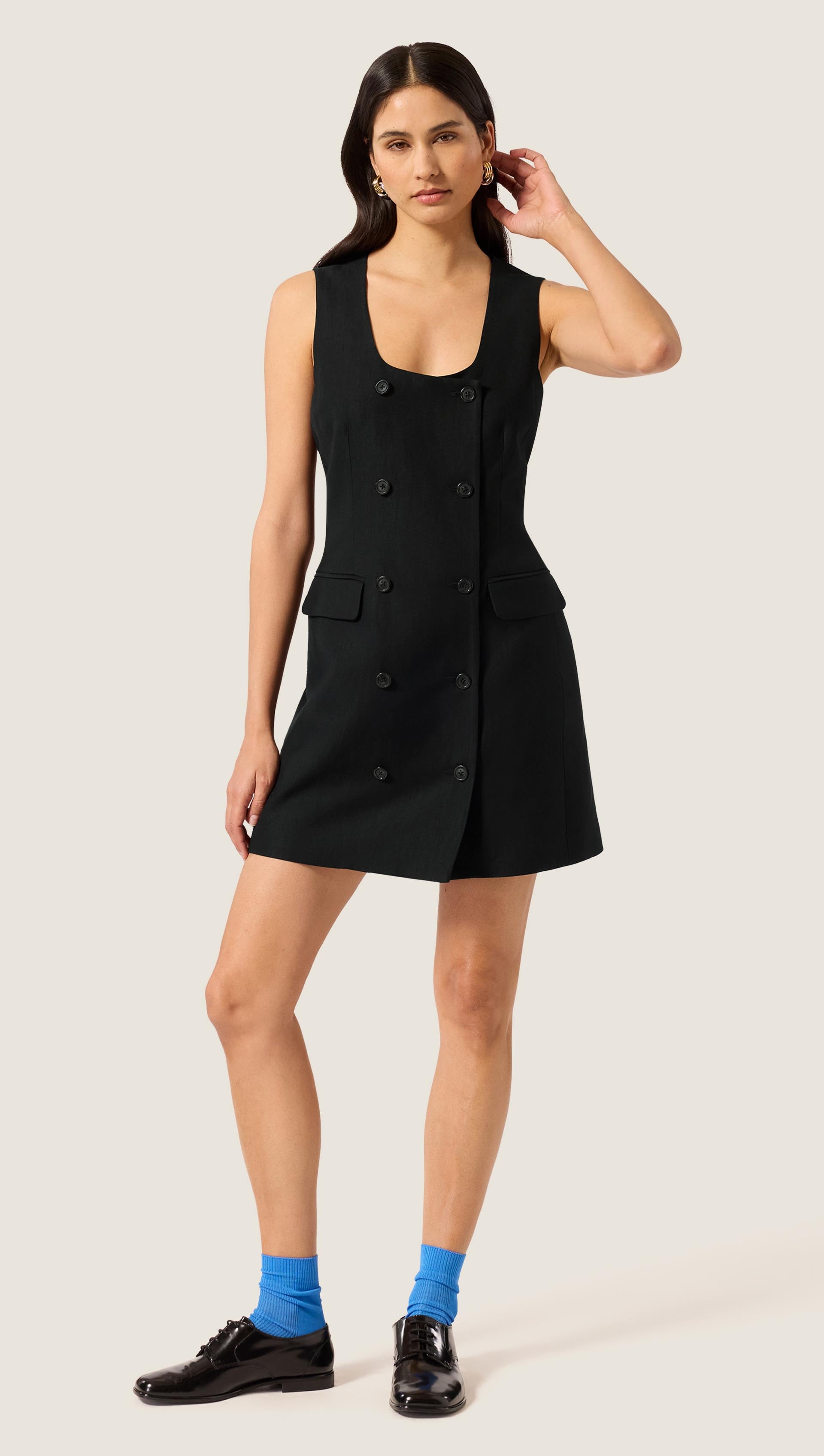 Mini Scoop Neck Double-Breasted Dress in Viscose Linen