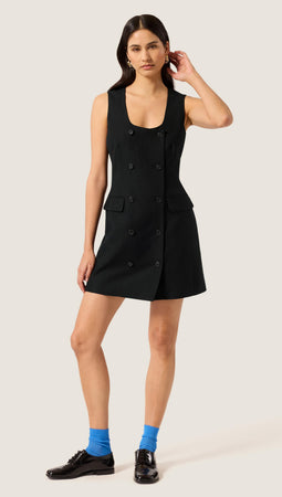 scoop neck black mini dress Mini Scoop Neck Double-Breasted Dress in Viscose Linen | Women's Dresses