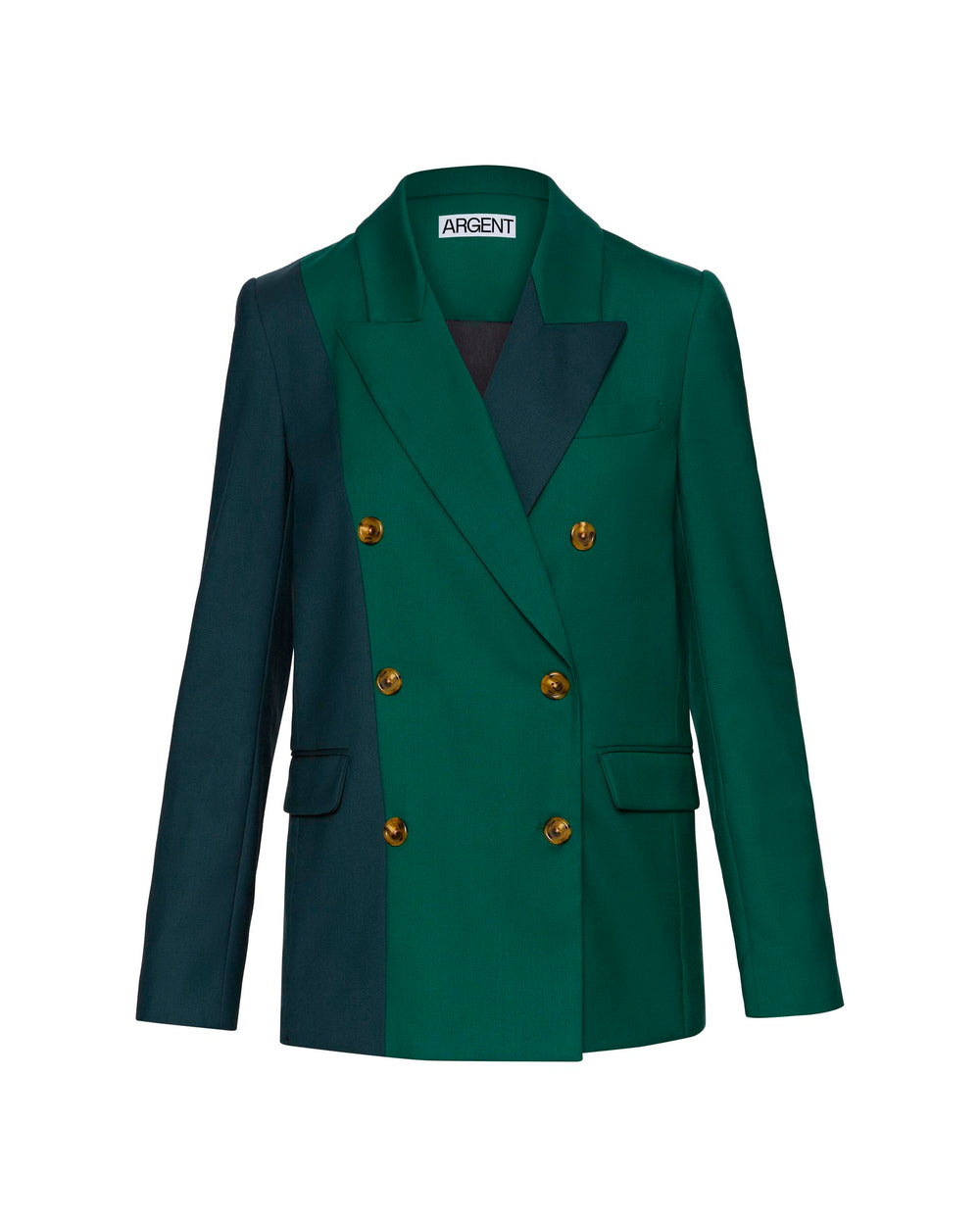 Colorblocked Peak Lapel Blazer in Seasonless Wool | Emerald/Forest