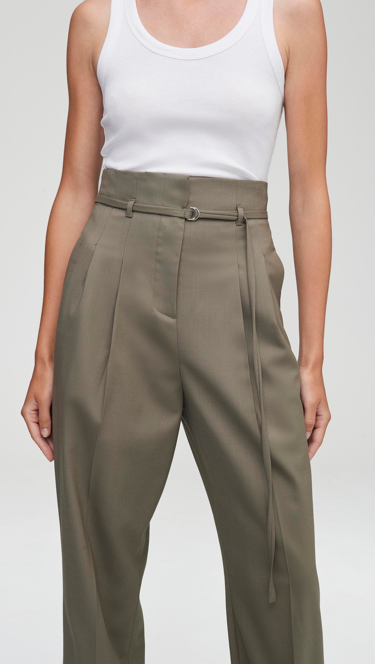 Express | Super High Waisted Belted Linen-Blend Paperbag Ankle Pant in Swan  | Express Style Trial