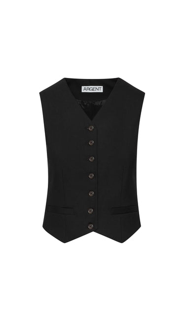 Sharp V-Neck Black Eco Leather Waist-cinched Waistcoat