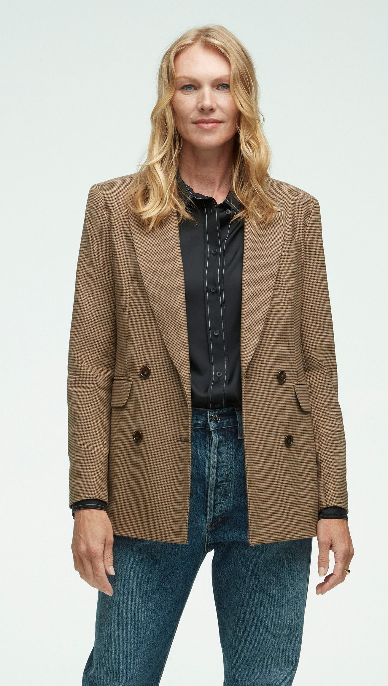 Double-Breasted Blazer in Stretch Wool | Brown Houndstooth