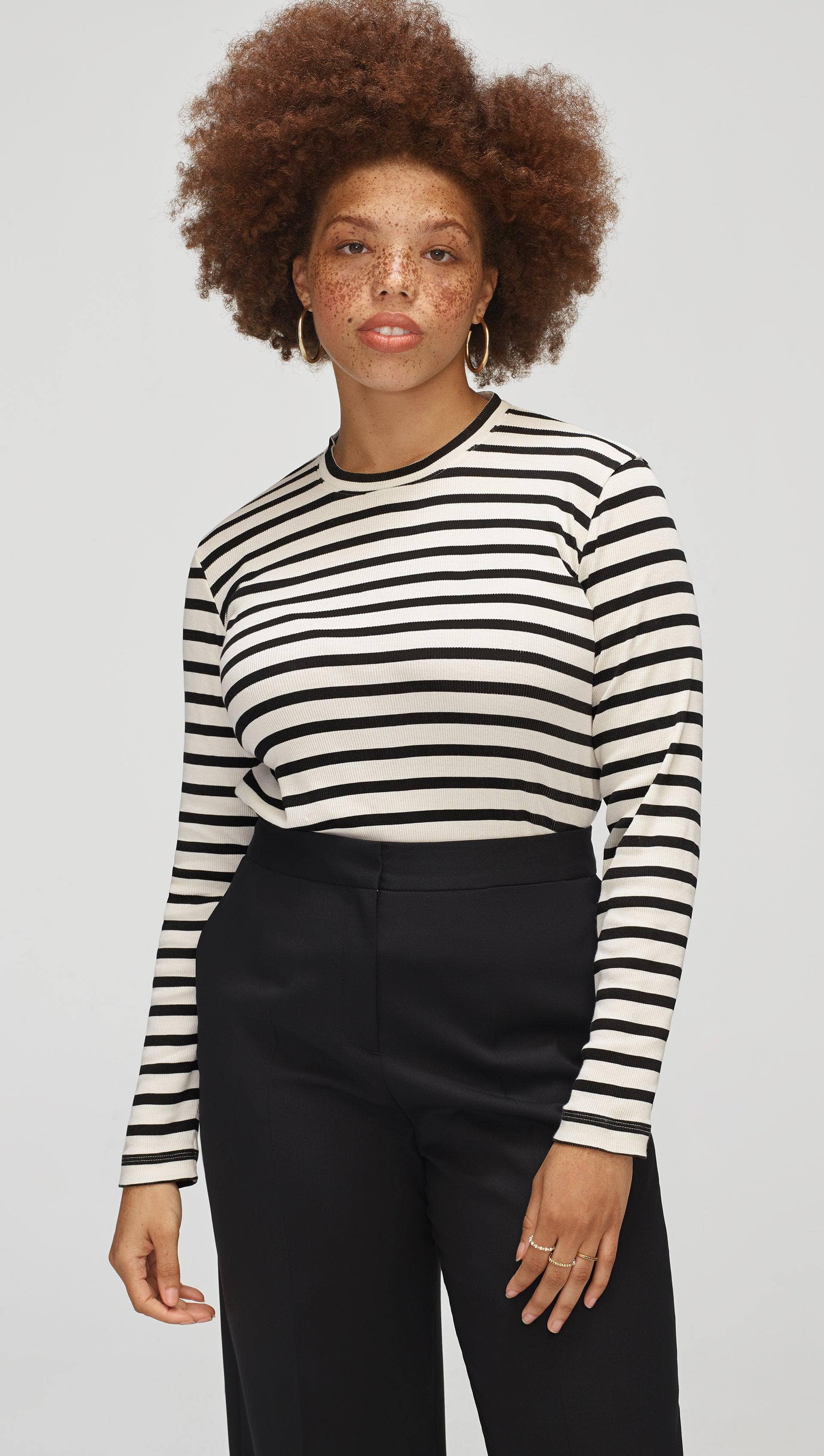Striped Longsleeve Tee in Ribbed Cotton | Black/Ivory
