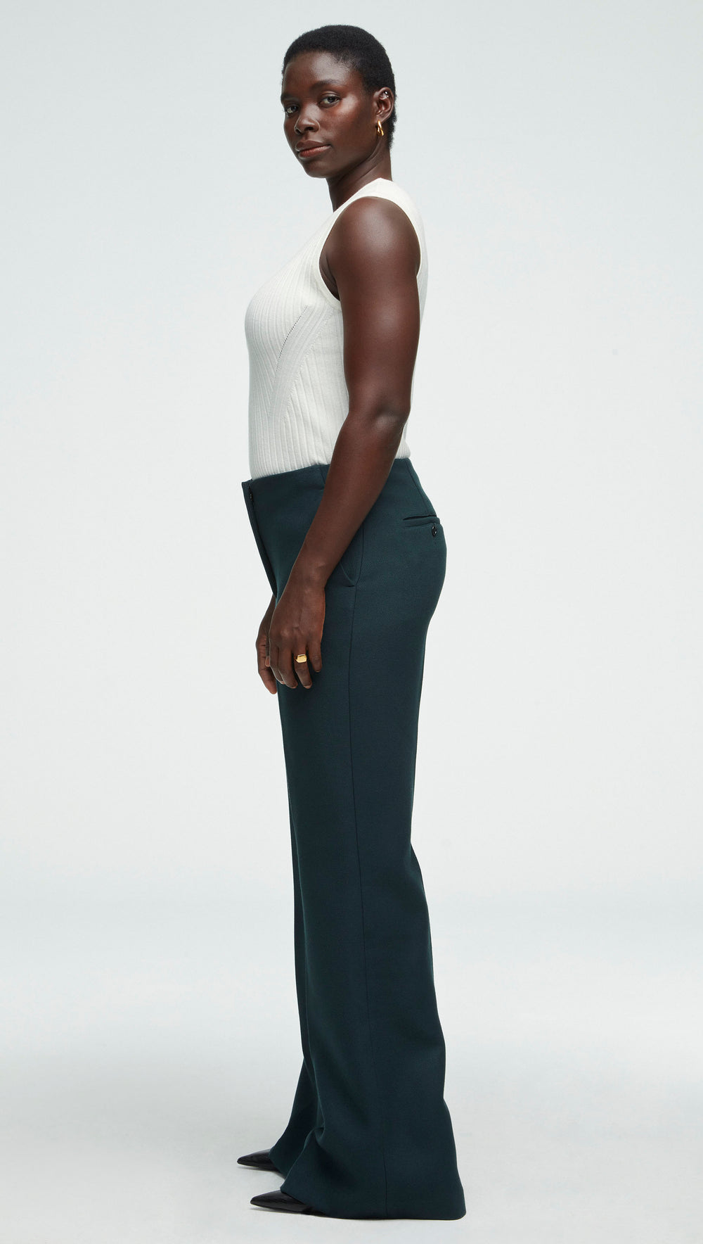 High-Waisted Flare Trouser in Viscose Wool Twill | Forest