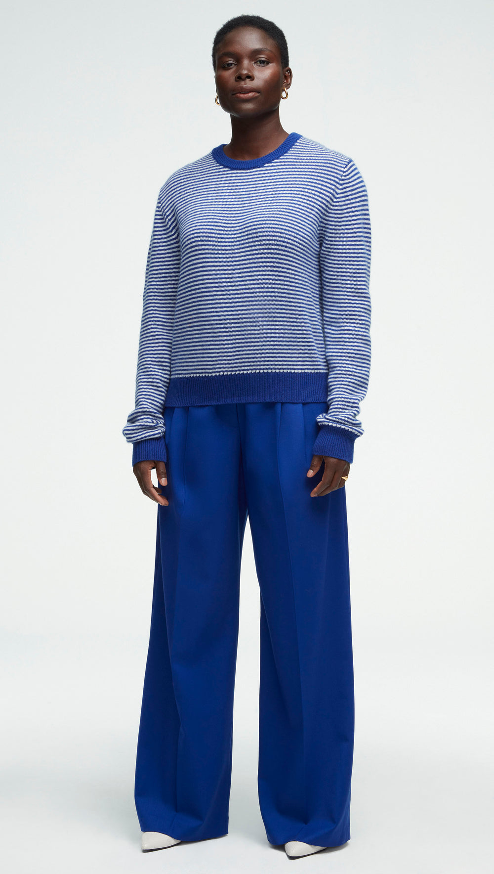 Striped Crewneck Sweater in Wool-Cashmere | Ivory/Cobalt