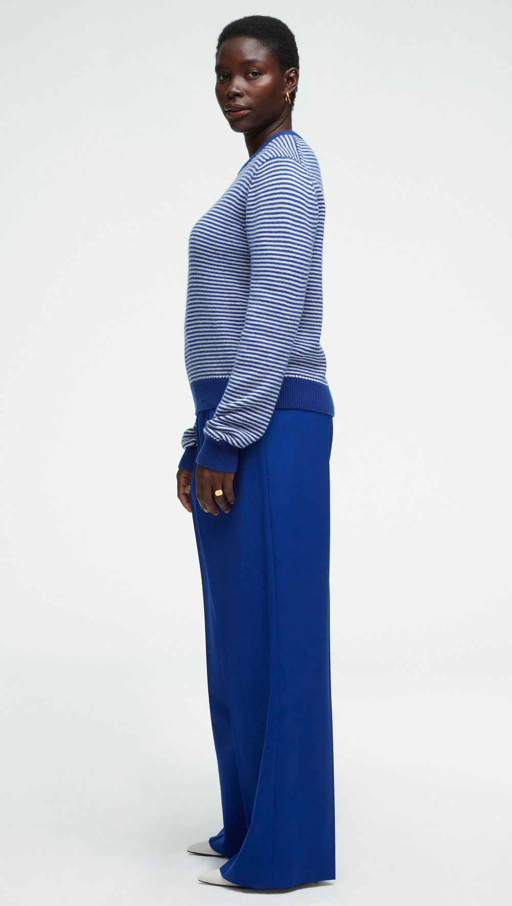 Striped Crewneck Sweater in Wool-Cashmere | Ivory/Cobalt