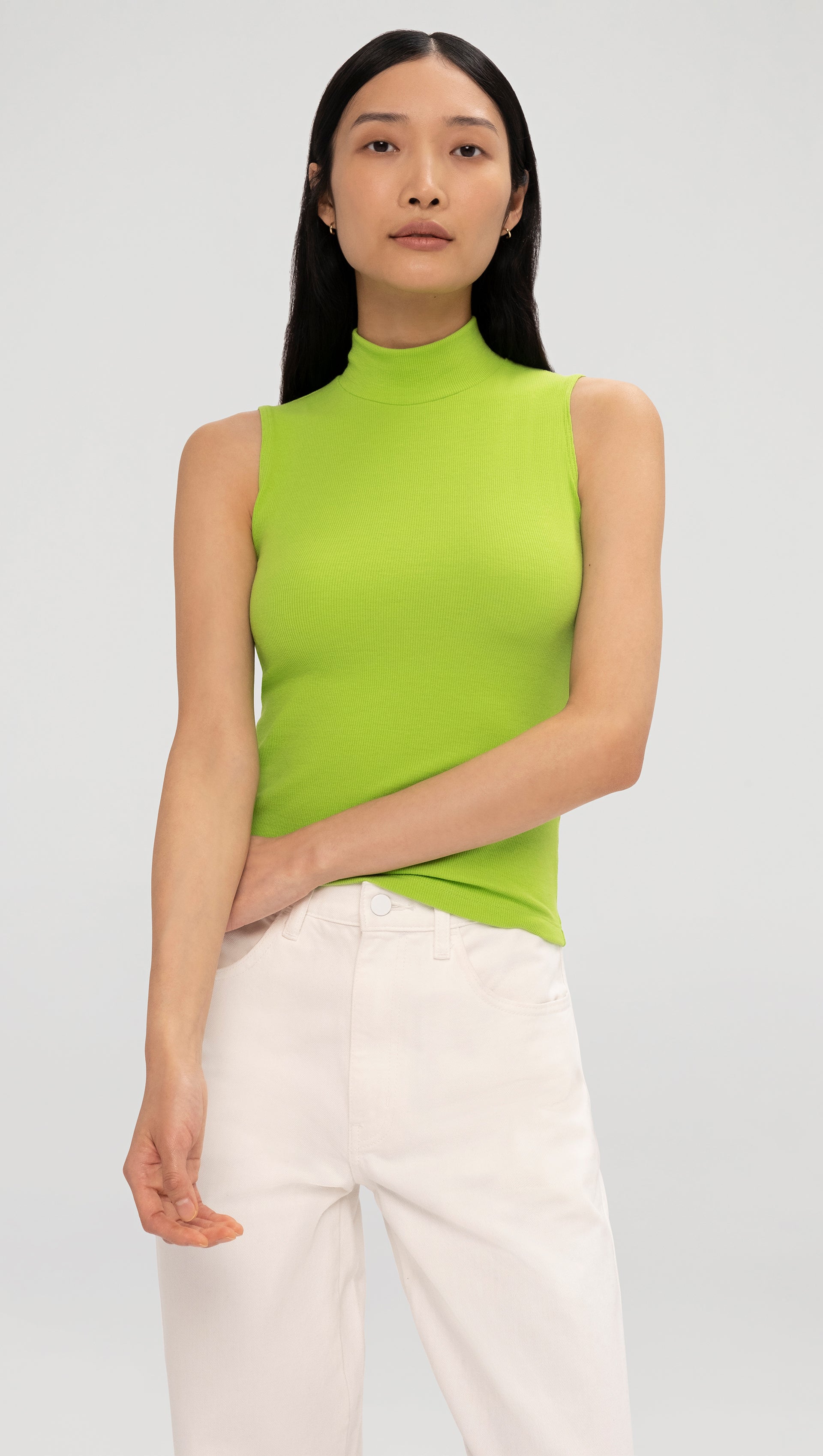 Sleeveless Mock Neck Tee in Ribbed Cotton | Lime