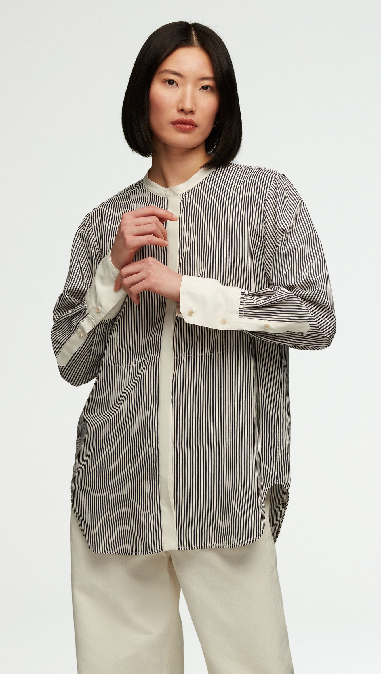 Tuxedo Shirt in Yarn-Dyed Viscose | Navy Stripe