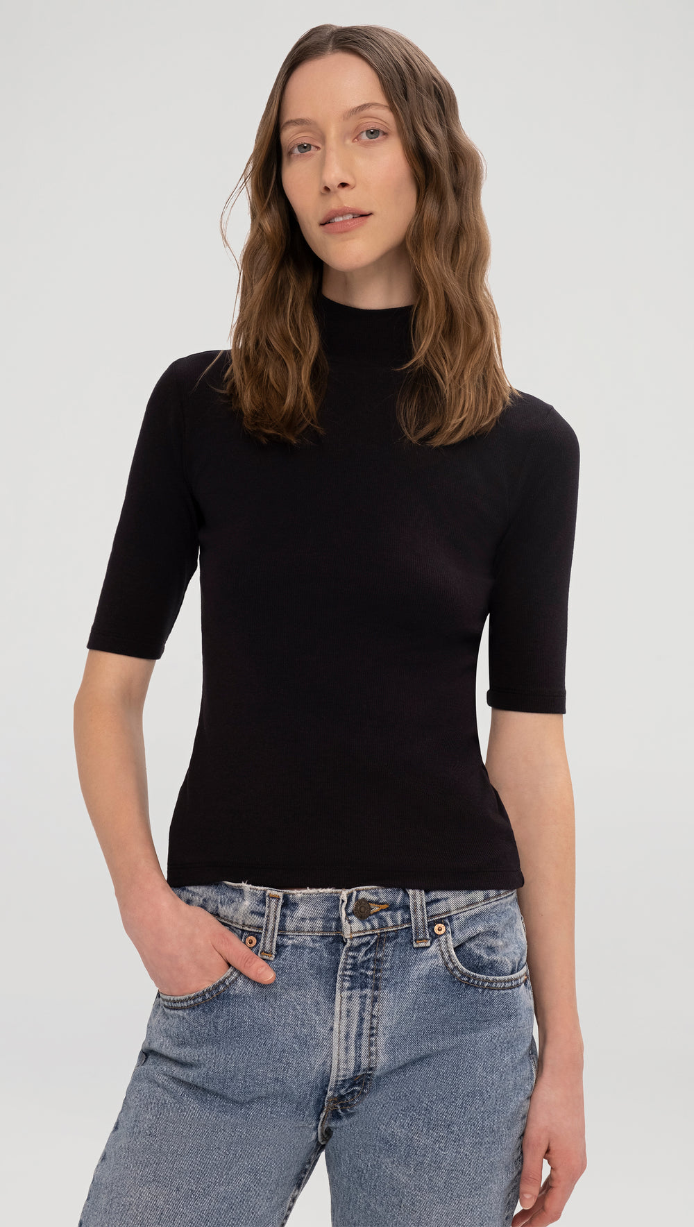 Mock Neck Tee in Ribbed Cotton | Black
