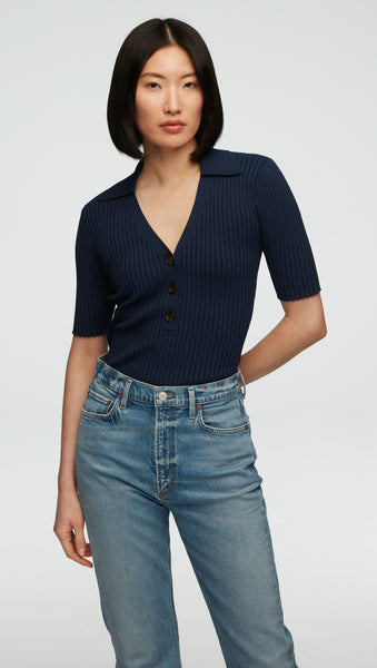 Ribbed Collar Top in Stretch Rayon, Women's Tops