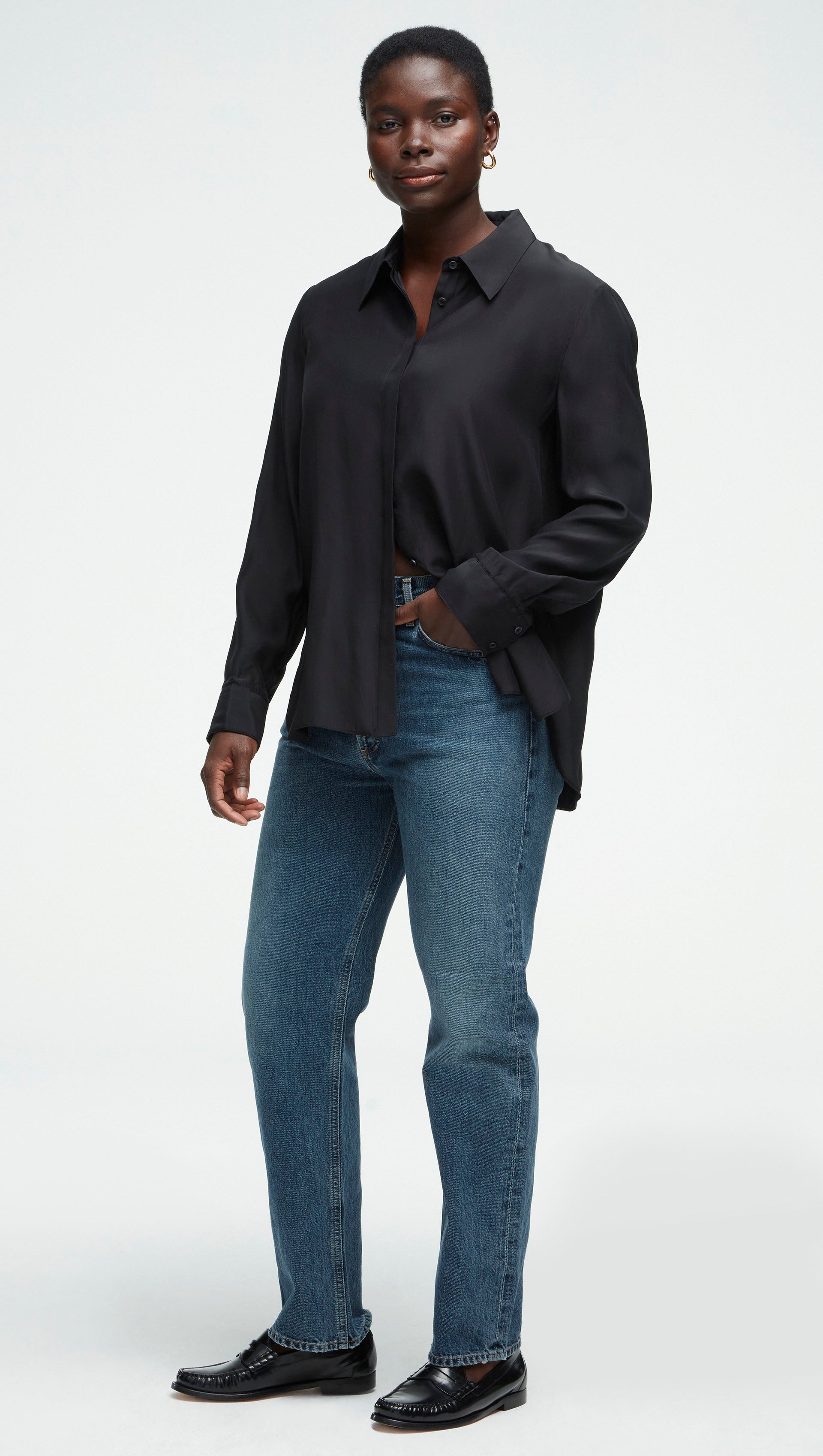 Argent Collared Shirt in Matte-side Silk Satin | Black | Women's Tops
