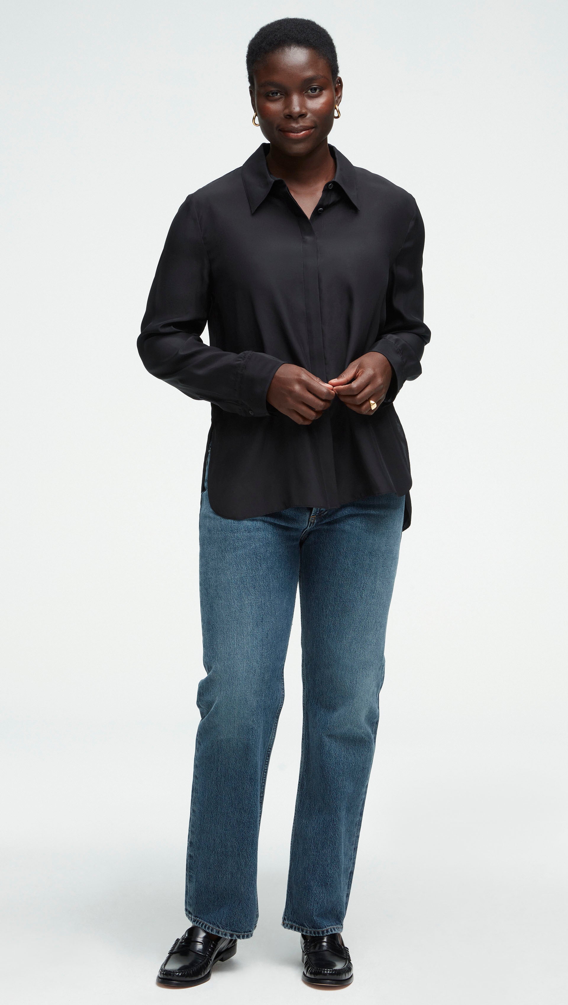 black collared dress shirt Argent Collared Shirt in Matte-side Silk Satin | Black | Women's Tops